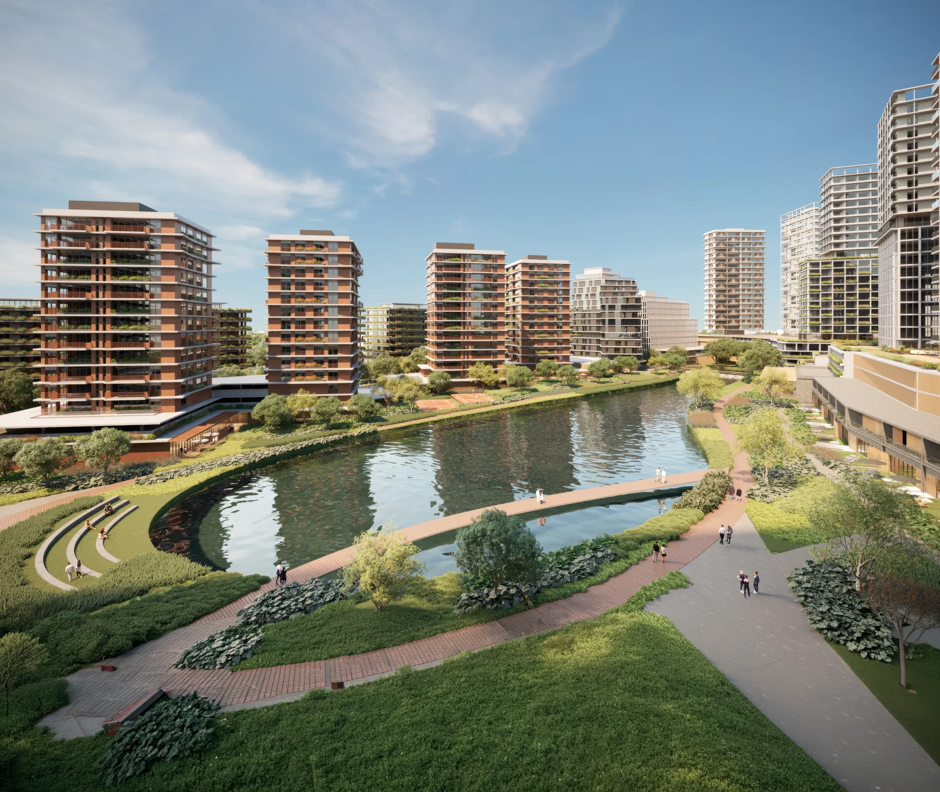Ilustração de um lago do Barra Norte com caminho de tijolos à beira d'água, arquibancada gramada, jardins de folhagem e edifícios com varandas verdes ao fundo