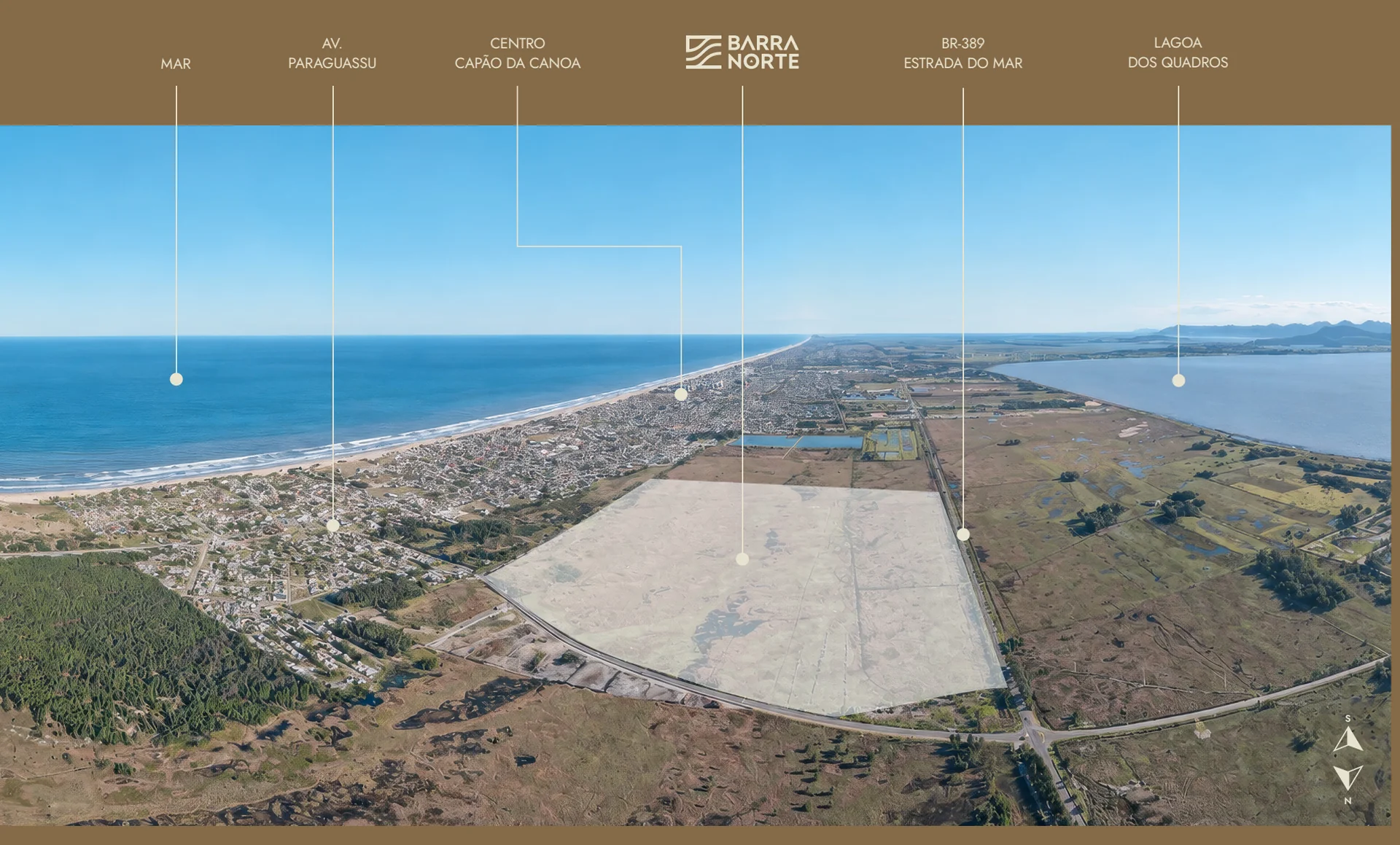Mapa em vista aérea com o terreno do Barra Norte e as referências do entorno: mar, Avenida Paraguassu, centro de Capão da Canoa, Estrada do Mar e Lagoa dos Quadros