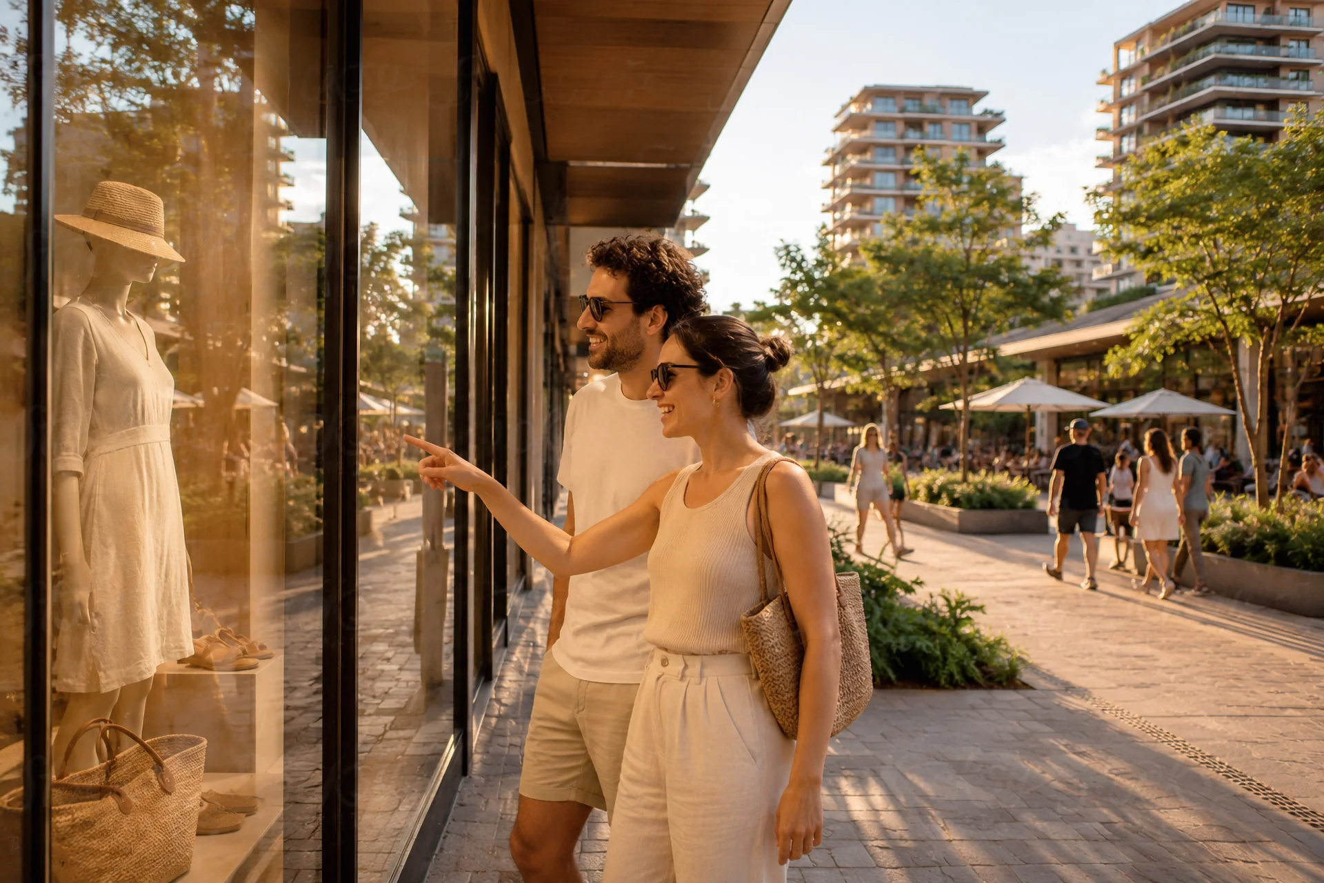 Ilustração de um casal diante de uma vitrine numa rua de comércio para pedestres, com guarda-sóis, canteiros e edifícios com varandas ao fundo, imagem do pilar Destino urbano do Barra Norte, da DeMello Incorporações