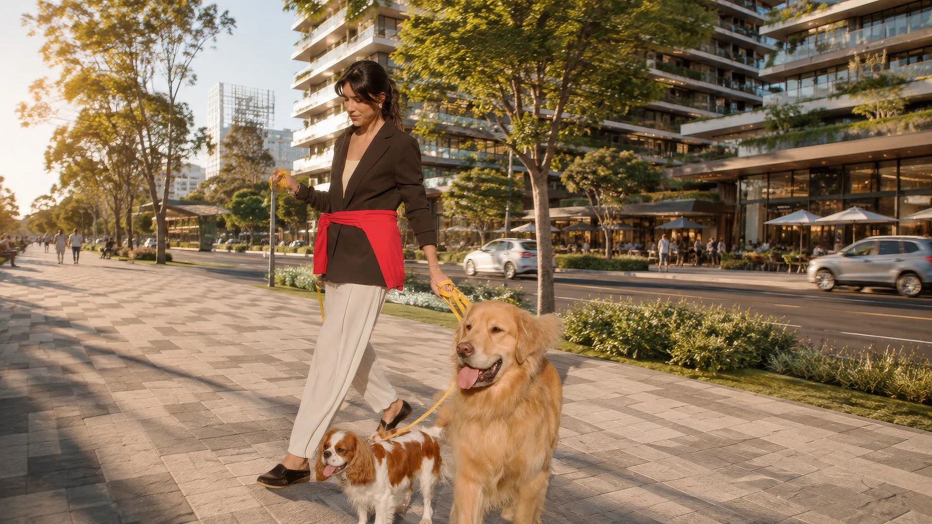Ilustração de uma mulher passeando com dois cachorros por uma calçada larga, separada da pista por um canteiro com árvores, e edifícios com comércio no térreo ao fundo, imagem do pilar Espaços de encontro do Barra Norte