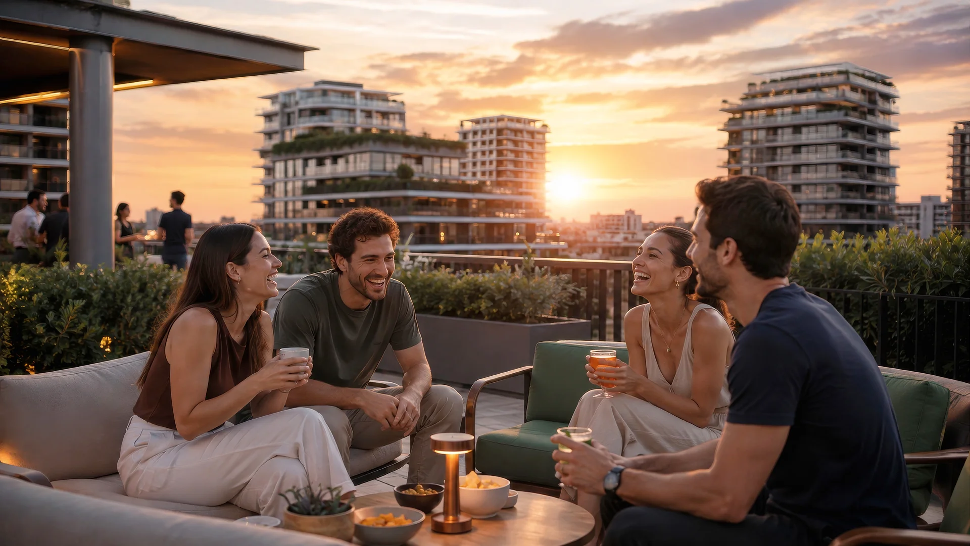 Ilustração de quatro amigos conversando em um terraço ao pôr do sol, com edifícios com vegetação nas varandas ao fundo