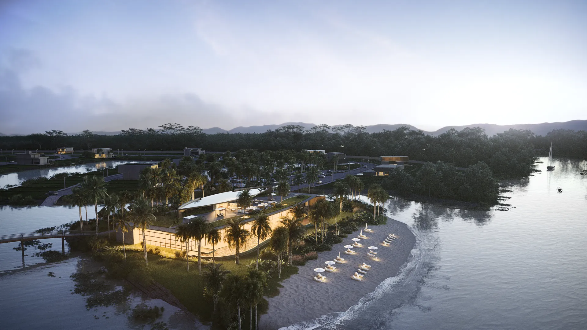 Vista aérea do Brávia Marina & Beach Club ao entardecer, condomínio náutico em Maquiné com lagos navegáveis