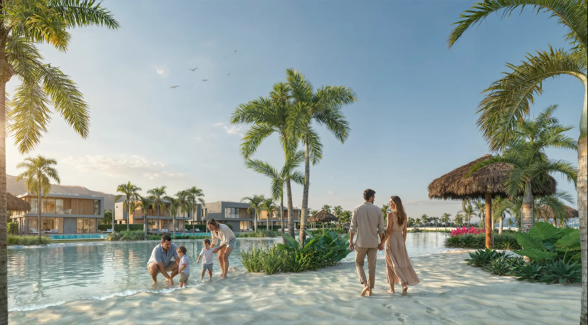 Praia artificial do Brávia com areia, palmeiras e águas rasas
