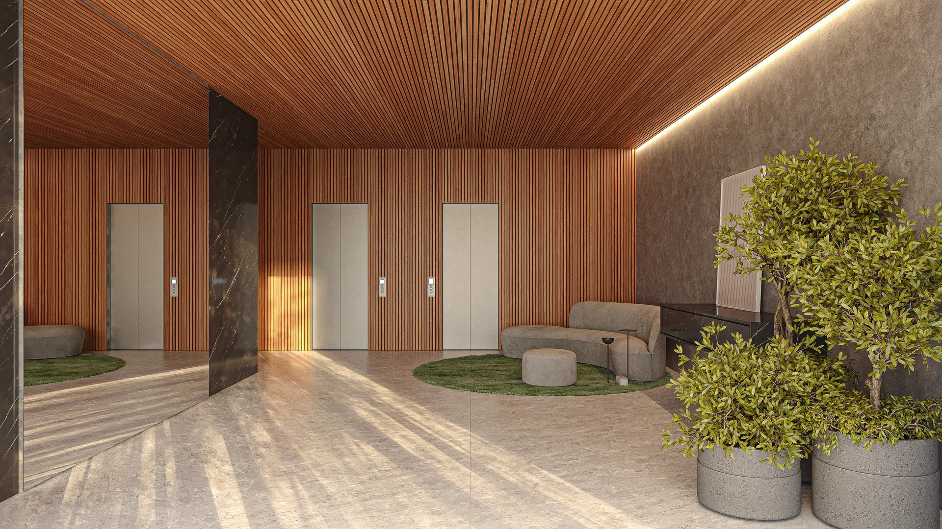Hall de entrada do Cascais Soft Living com forro de madeira, pedra e sofá de espera