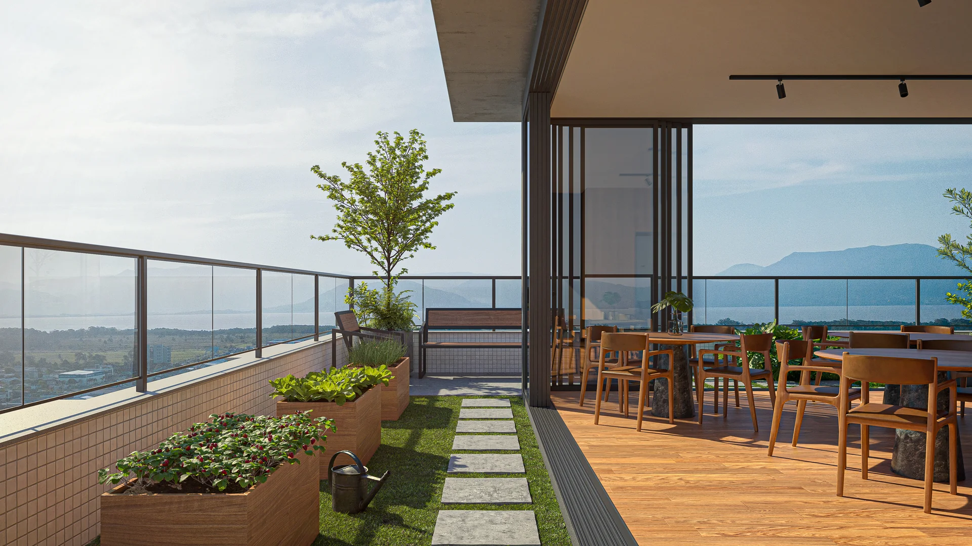 Horta comunitária do rooftop do Cascais Soft Living com floreiras de madeira e vista da serra