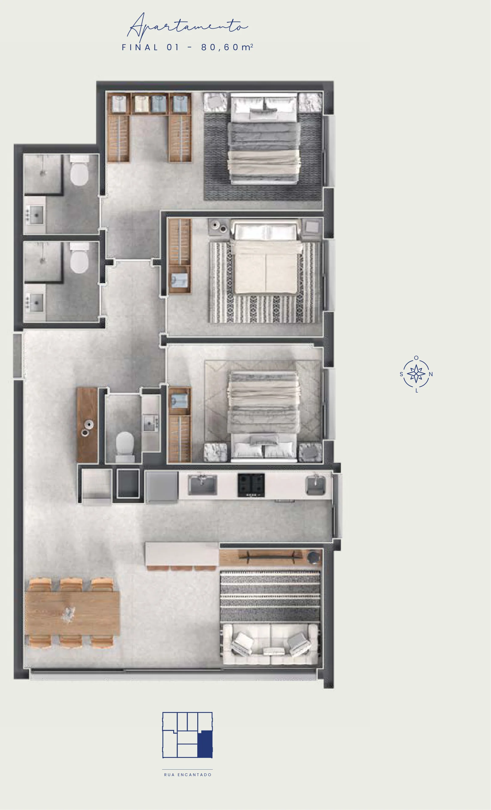 Planta do apartamento final 01 do Cascais Soft Living, 80,60 m², três dormitórios