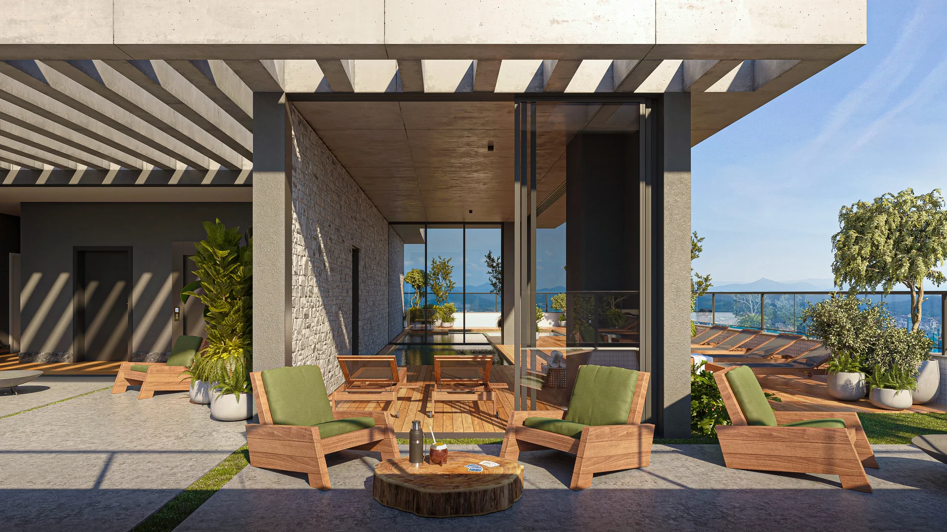 Estar externo do rooftop do Cascais Soft Living com pergolado e poltronas de madeira