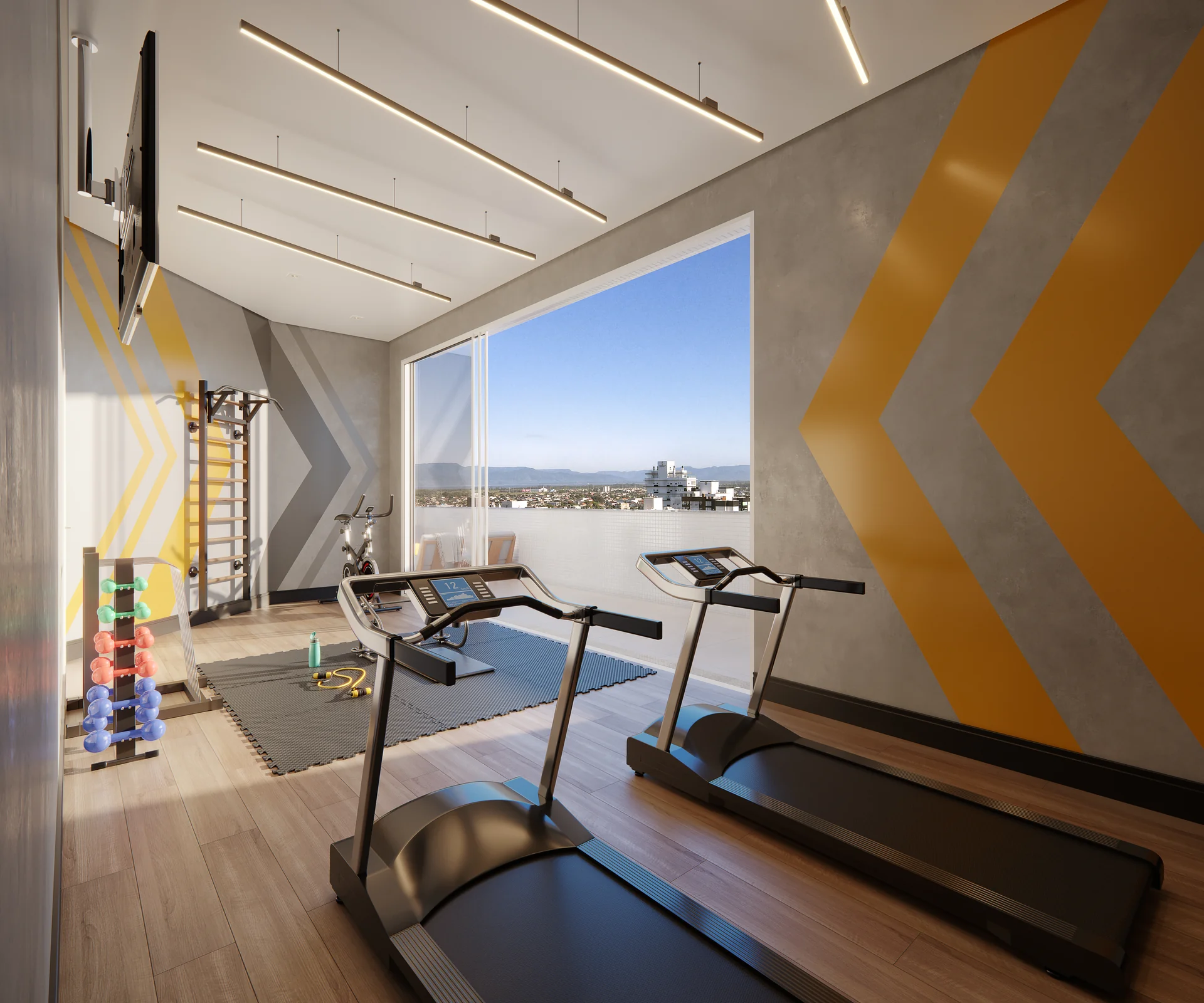 Espaço fitness do Chapter28, com esteiras e bicicleta voltadas para o janelão com vista da cidade