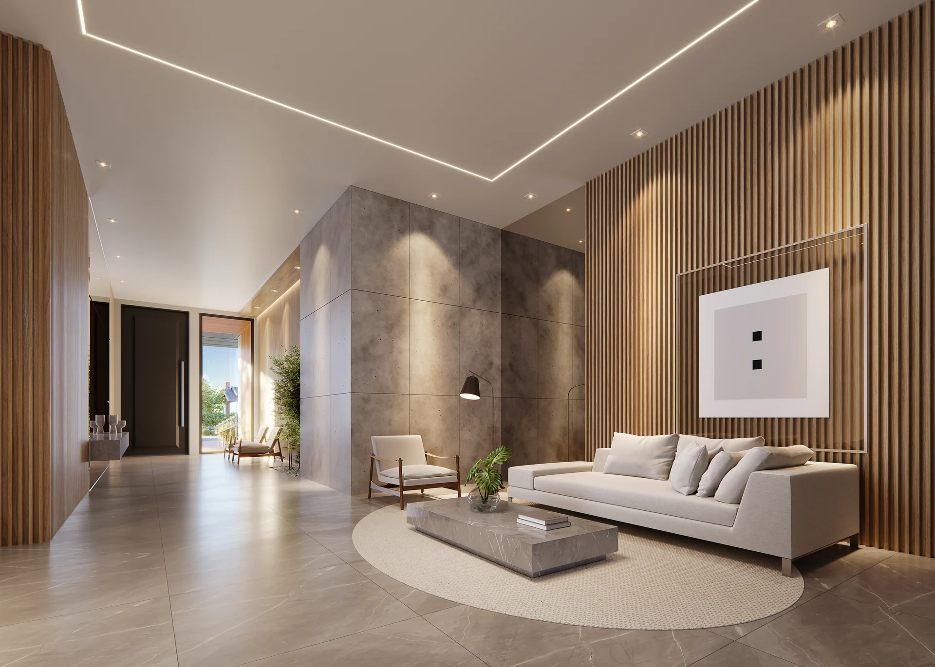 Hall social do Chapter28, painel de madeira ripada de piso a teto, parede de pedra, sofá e iluminação linear embutida