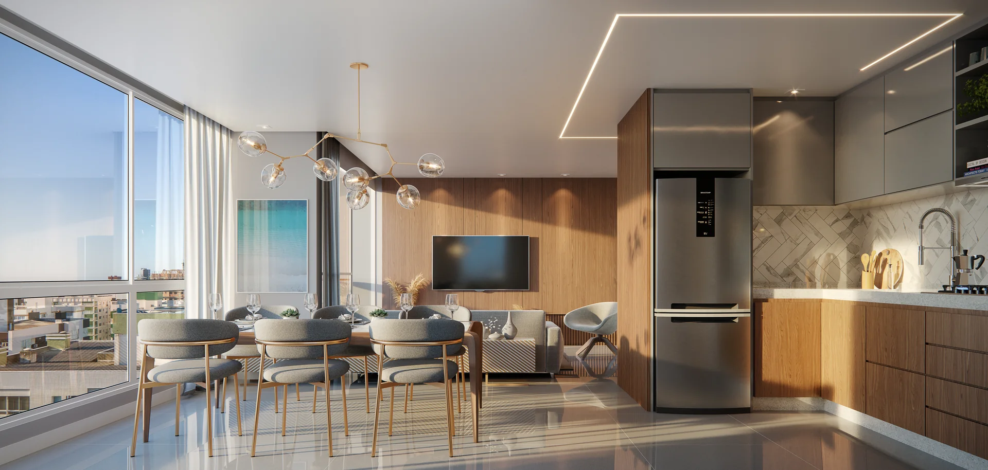 Perspectiva do living integrado à cozinha do apartamento 1304 do Chapter28 Residence, com janelão de piso a teto, mesa de jantar e iluminação linear no teto