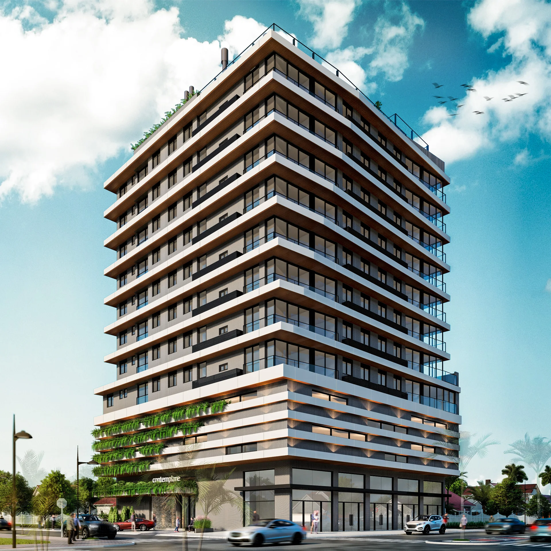 Render ilustrativo da fachada do Contemplare Origens, com brises de madeira e cladding em tom cobre