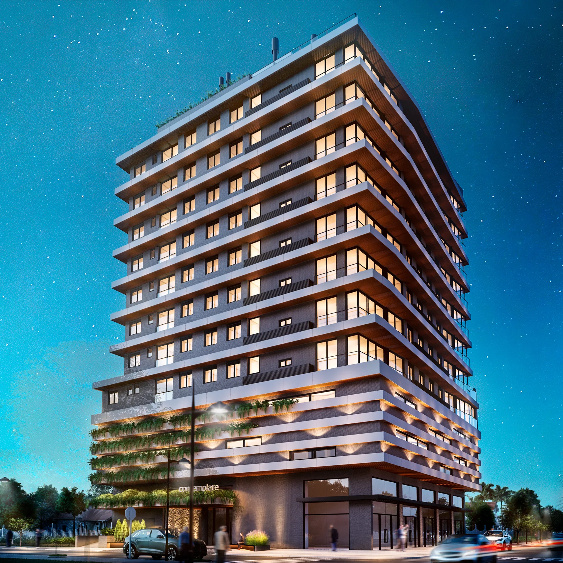 Render ilustrativo do Contemplare Origens à noite, com fachada iluminada no bairro Navegantes