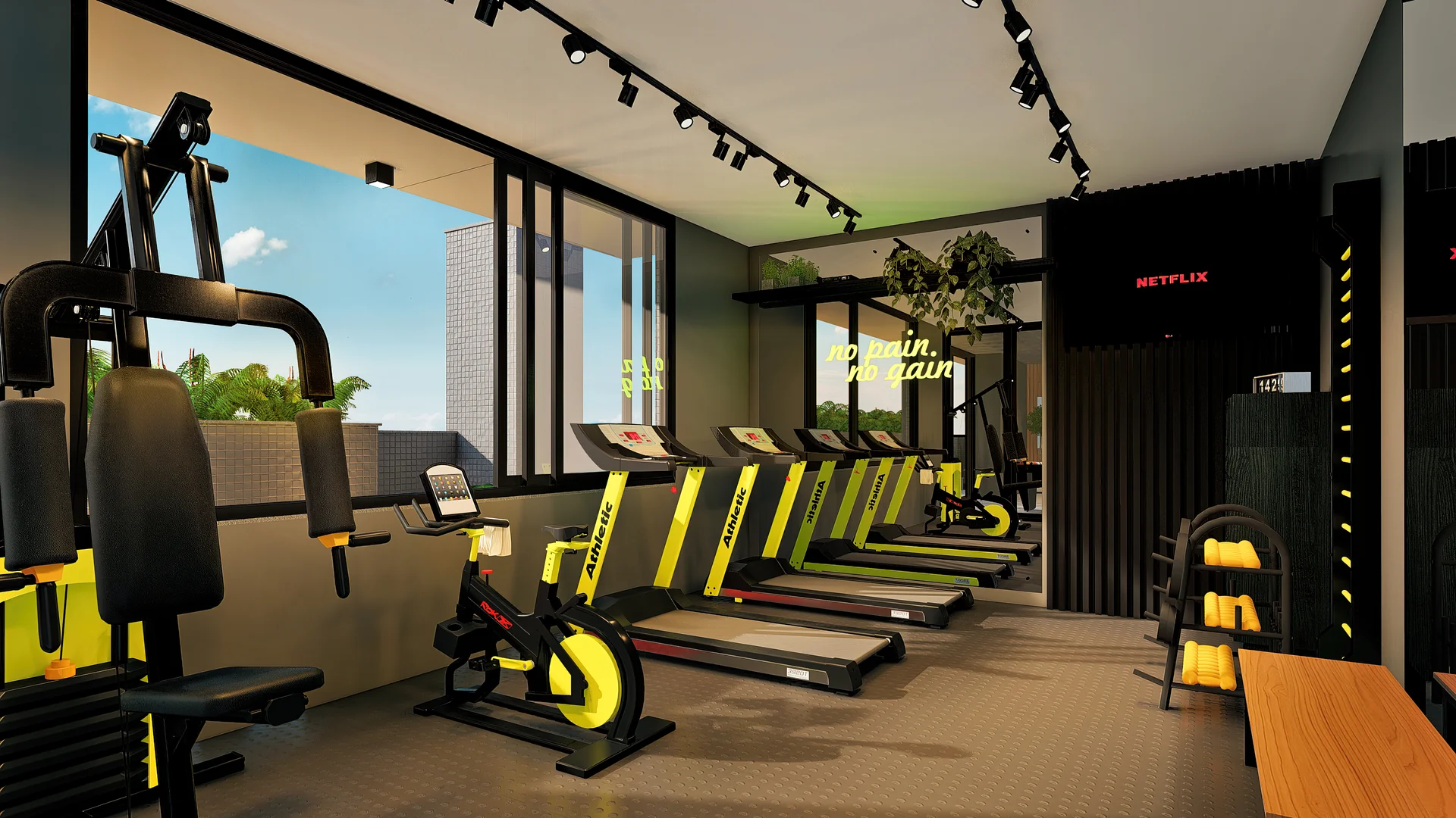 Render ilustrativo do espaço fitness do rooftop do Contemplare Origens