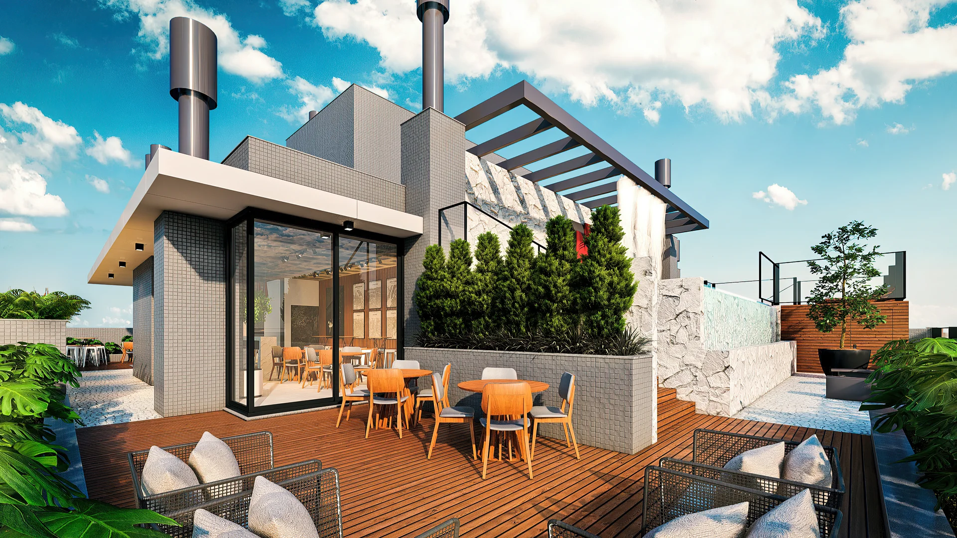Render ilustrativo do espaço gourmet externo do Contemplare Origens, com pergolado e mesas