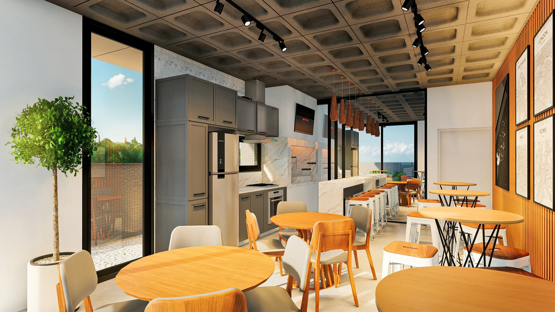 Render ilustrativo do espaço gourmet interno do Contemplare Origens, com cozinha equipada