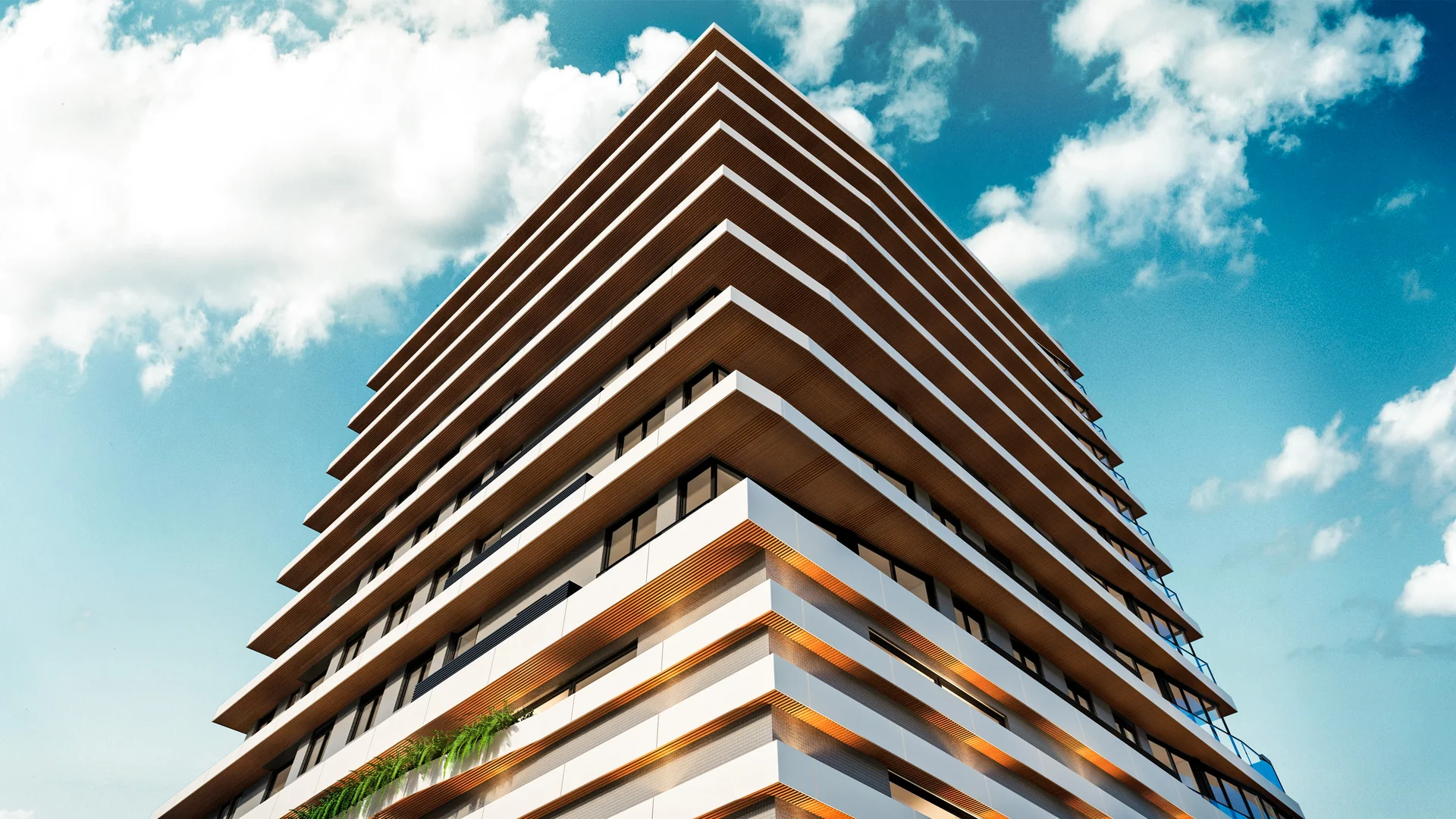 Render da fachada do Contemplare Origens em ângulo diagonal, com brises de madeira em tom bronze e painéis claros, torre de 12 pavimentos no bairro Navegantes, em Capão da Canoa