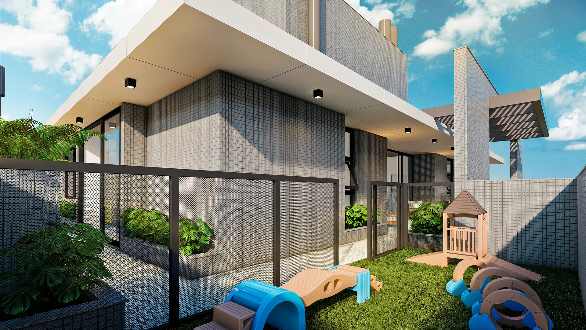 Render ilustrativo do pet garden e playground infantil do rooftop do Contemplare Origens