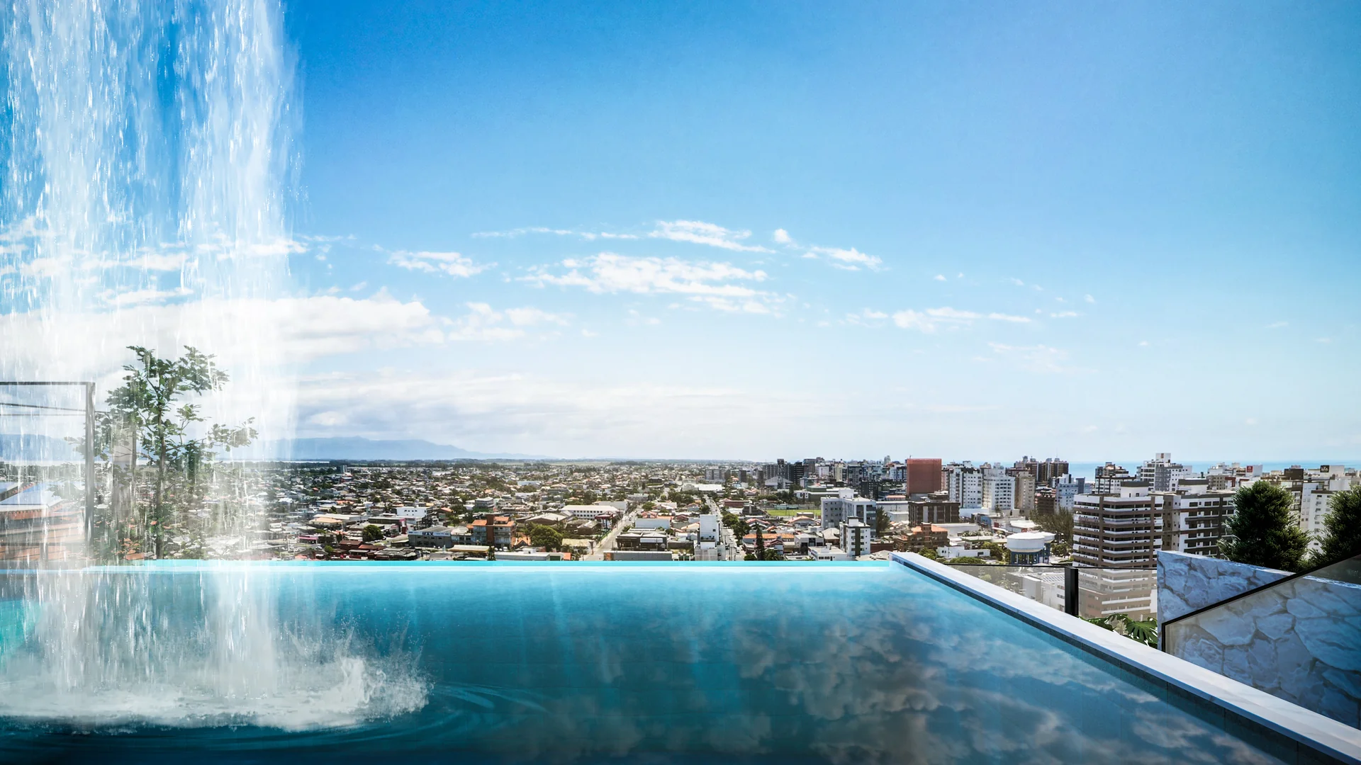 Render ilustrativo da piscina de borda infinita no rooftop do Contemplare Origens, com vista de Capão da Canoa
