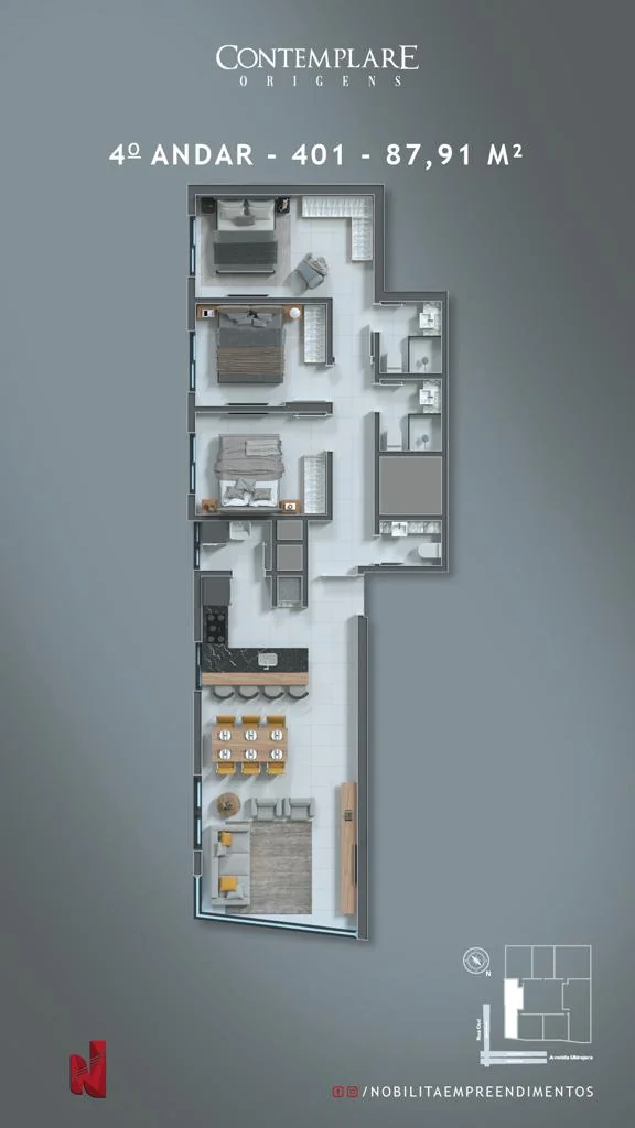 Planta humanizada do apartamento 401 do Contemplare Origens, 87,91 m² com 3 dormitórios e 1 suíte, no 4º andar