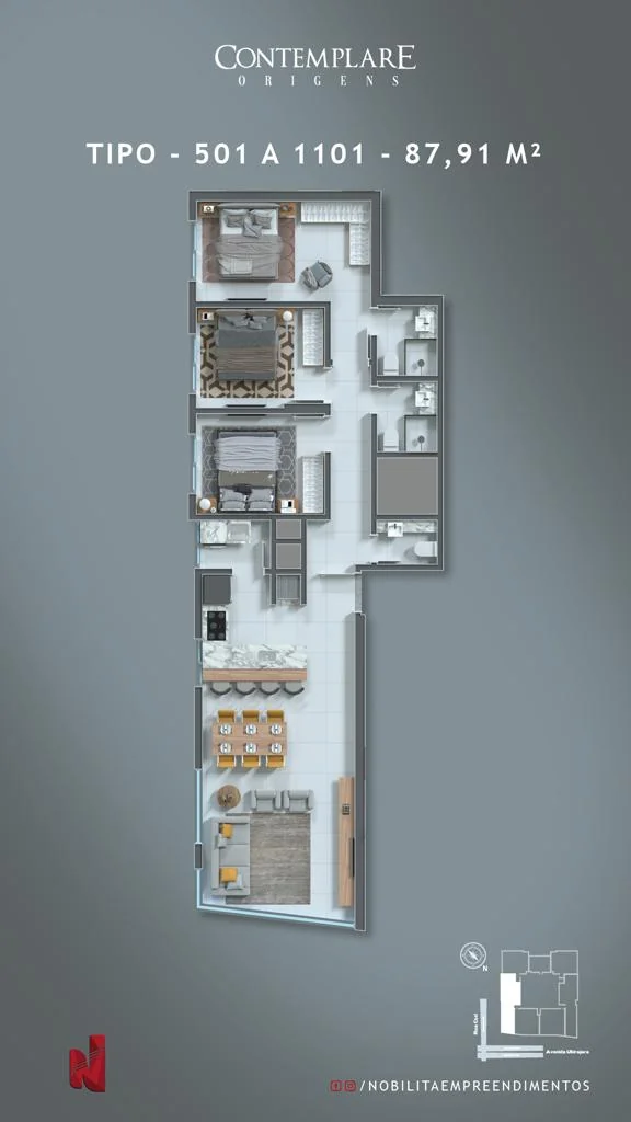 Planta humanizada do apartamento tipo do Contemplare Origens, com 87,91 m² privativos, 3 dormitórios, suíte, lavabo e cozinha integrada ao living