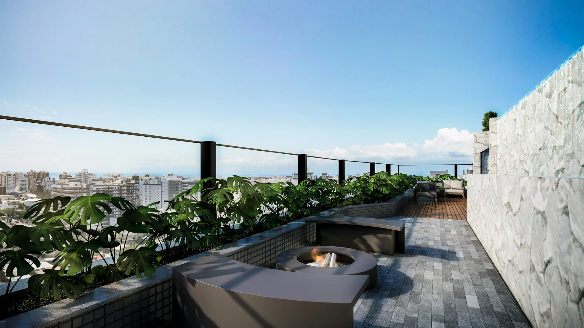 Render ilustrativo do deck do rooftop do Contemplare Origens com fire place e vista da cidade
