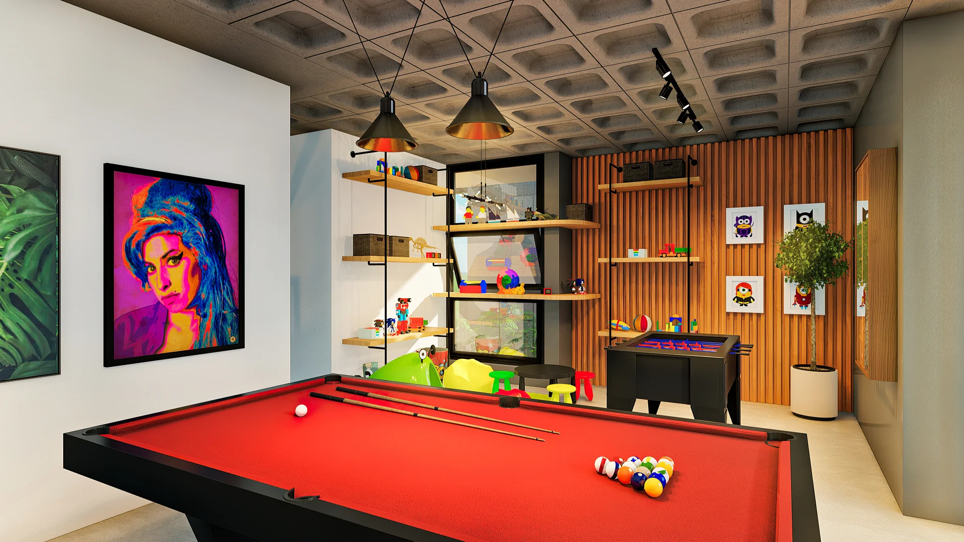 Render ilustrativo da sala de jogos do rooftop do Contemplare Origens, com mesa de sinuca e pebolim