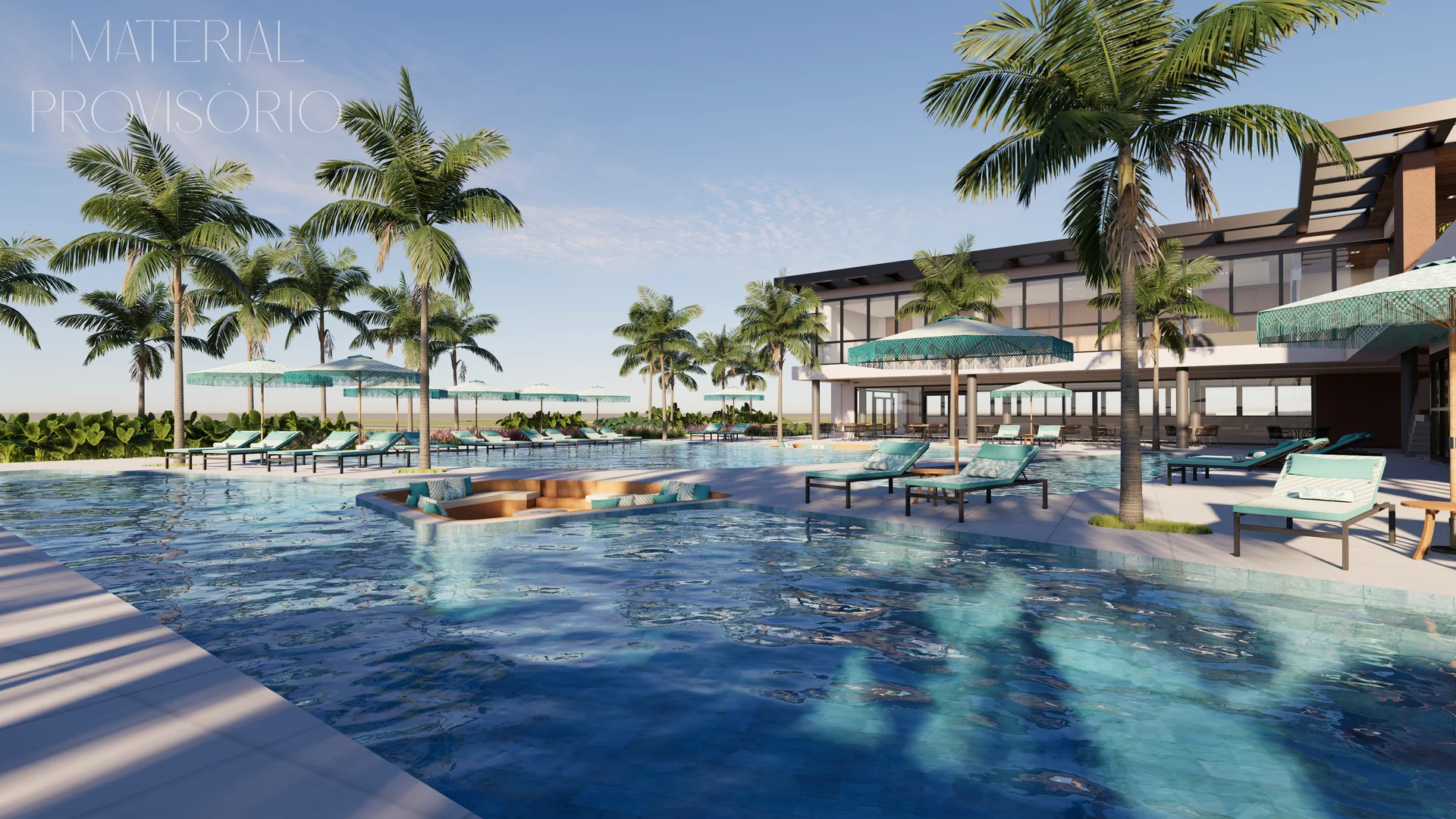 Beach club privativo com piscinas e bangalôs em condomínio do litoral gaúcho