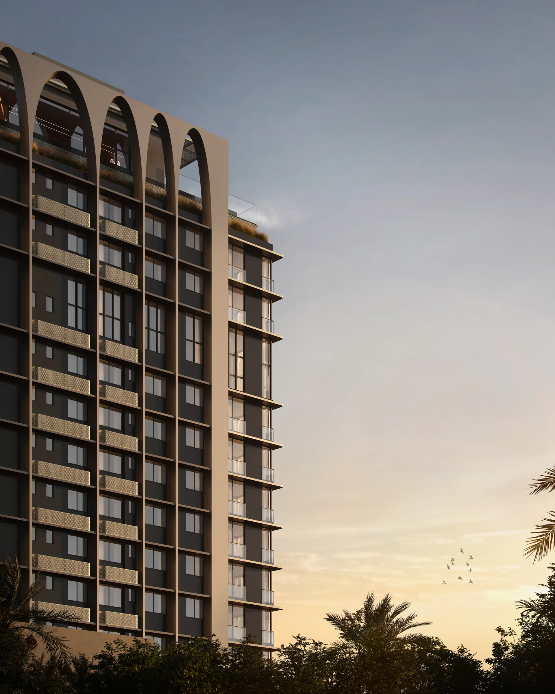 Detalhe dos arcos do rooftop e das varandas do Doha Exclusive Living