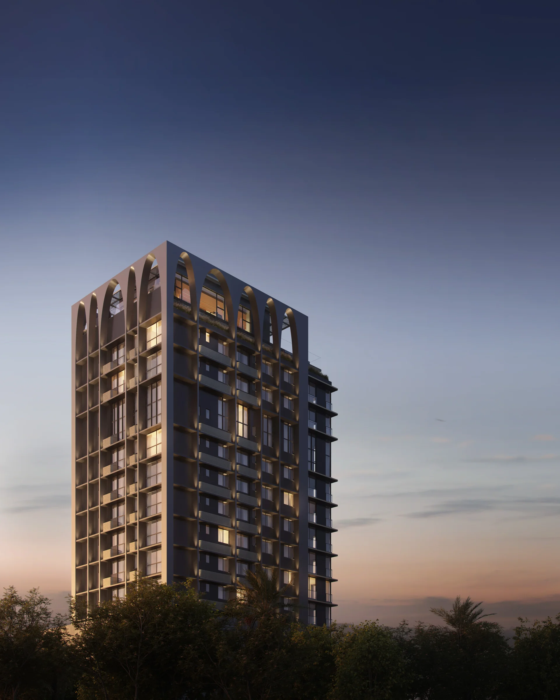 Torre do Doha Exclusive Living iluminada ao anoitecer, com os arcos do rooftop em destaque