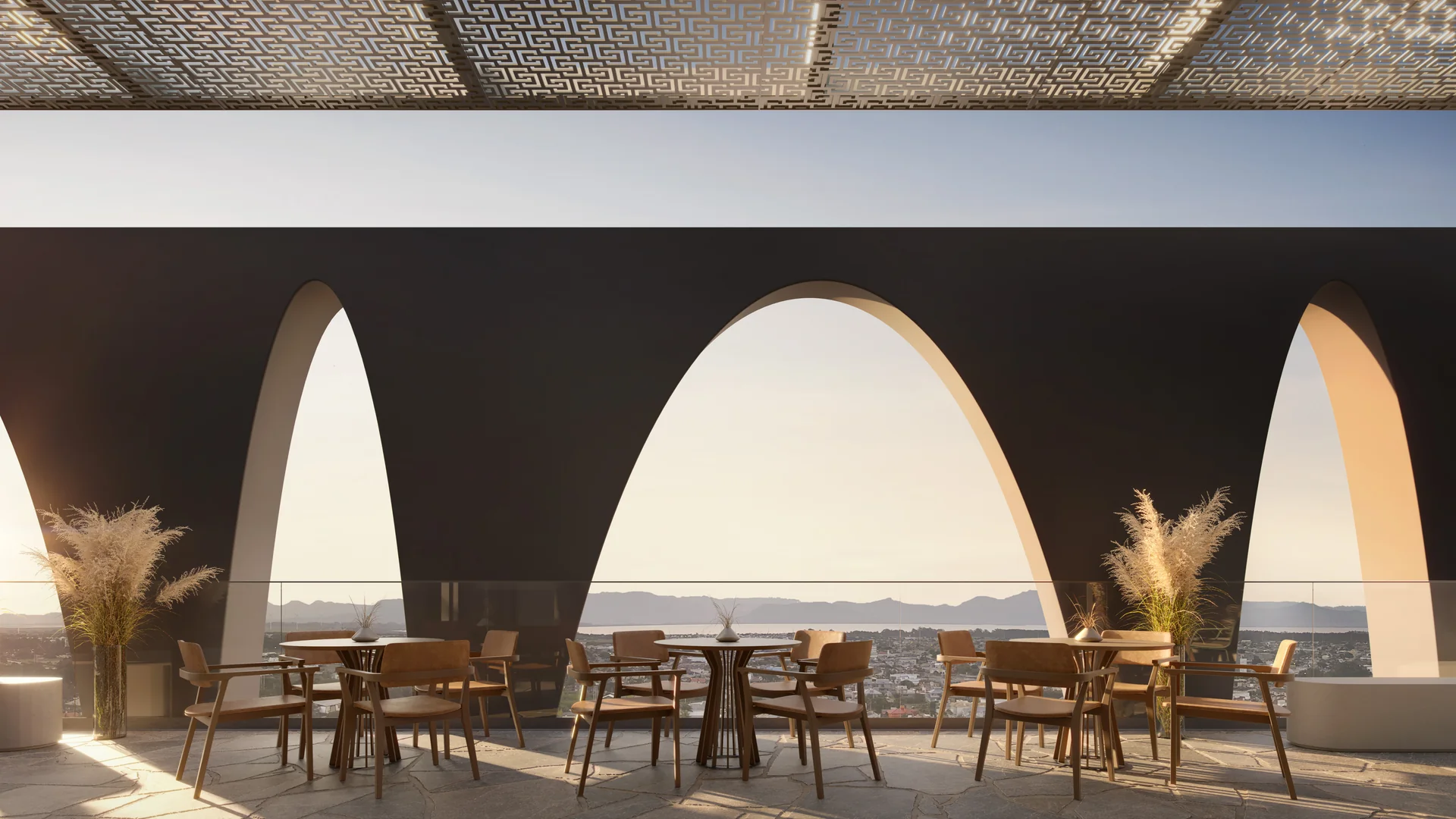 Gourmet externo do Doha Exclusive Living, terraço entre os arcos com vista aberta