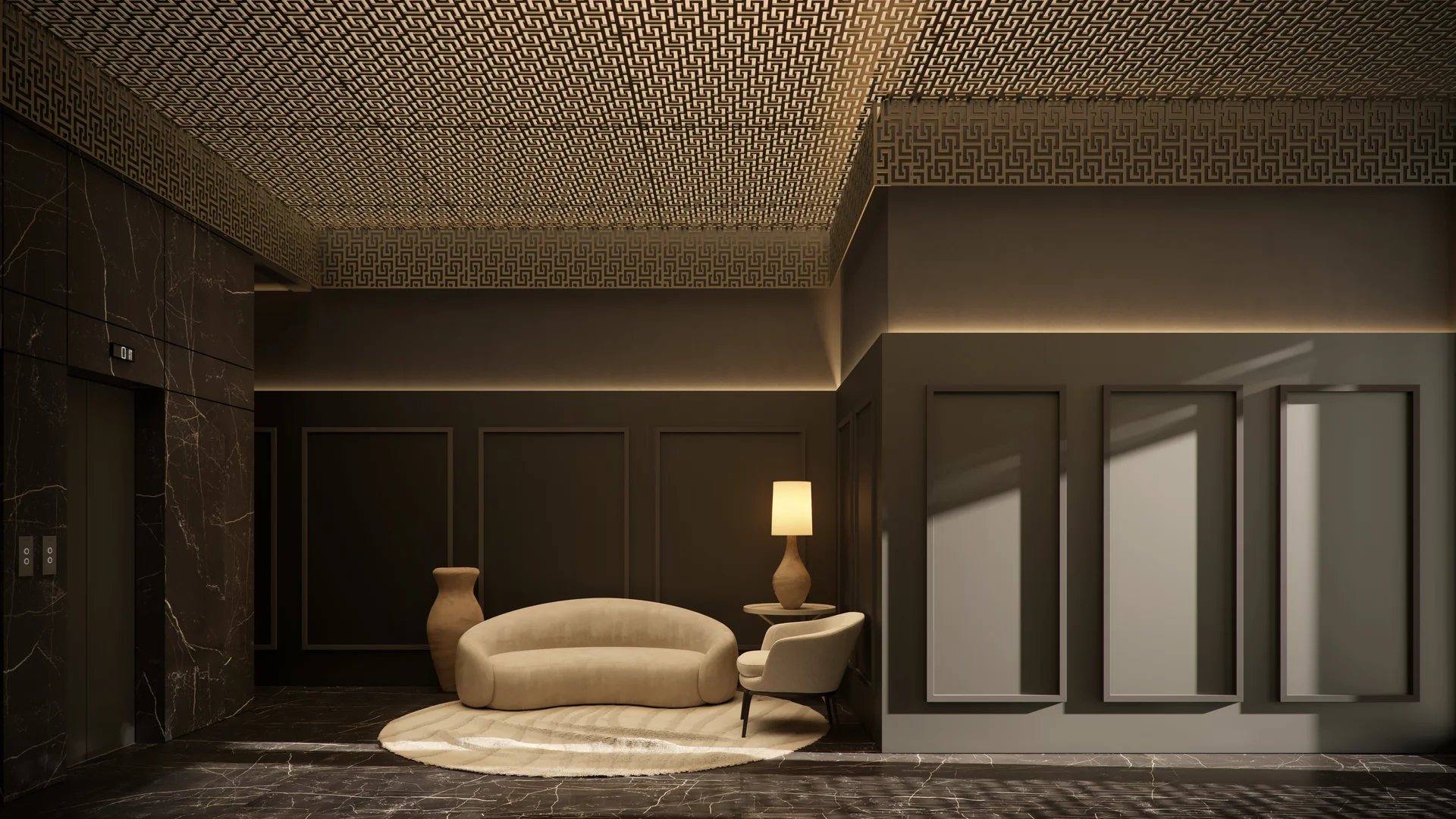 Hall de entrada exclusivo do Doha Exclusive Living, com forro no padrão geométrico da marca