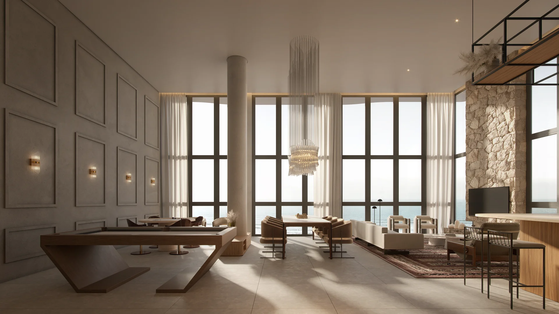 Living de pé-direito duplo do Doha Exclusive Living, com lustre central e janelas em dois níveis
