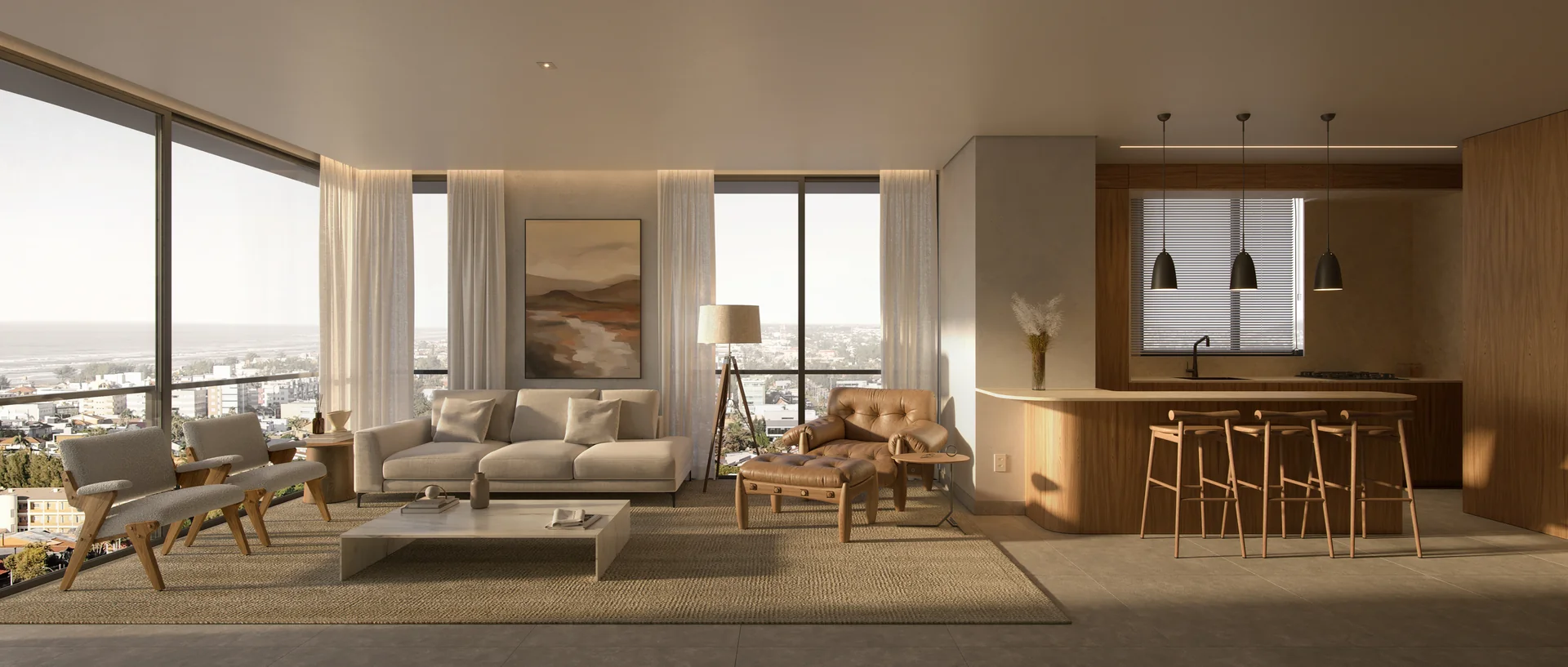 Living integrado à cozinha no Doha Exclusive Living, com vista panorâmica da cidade