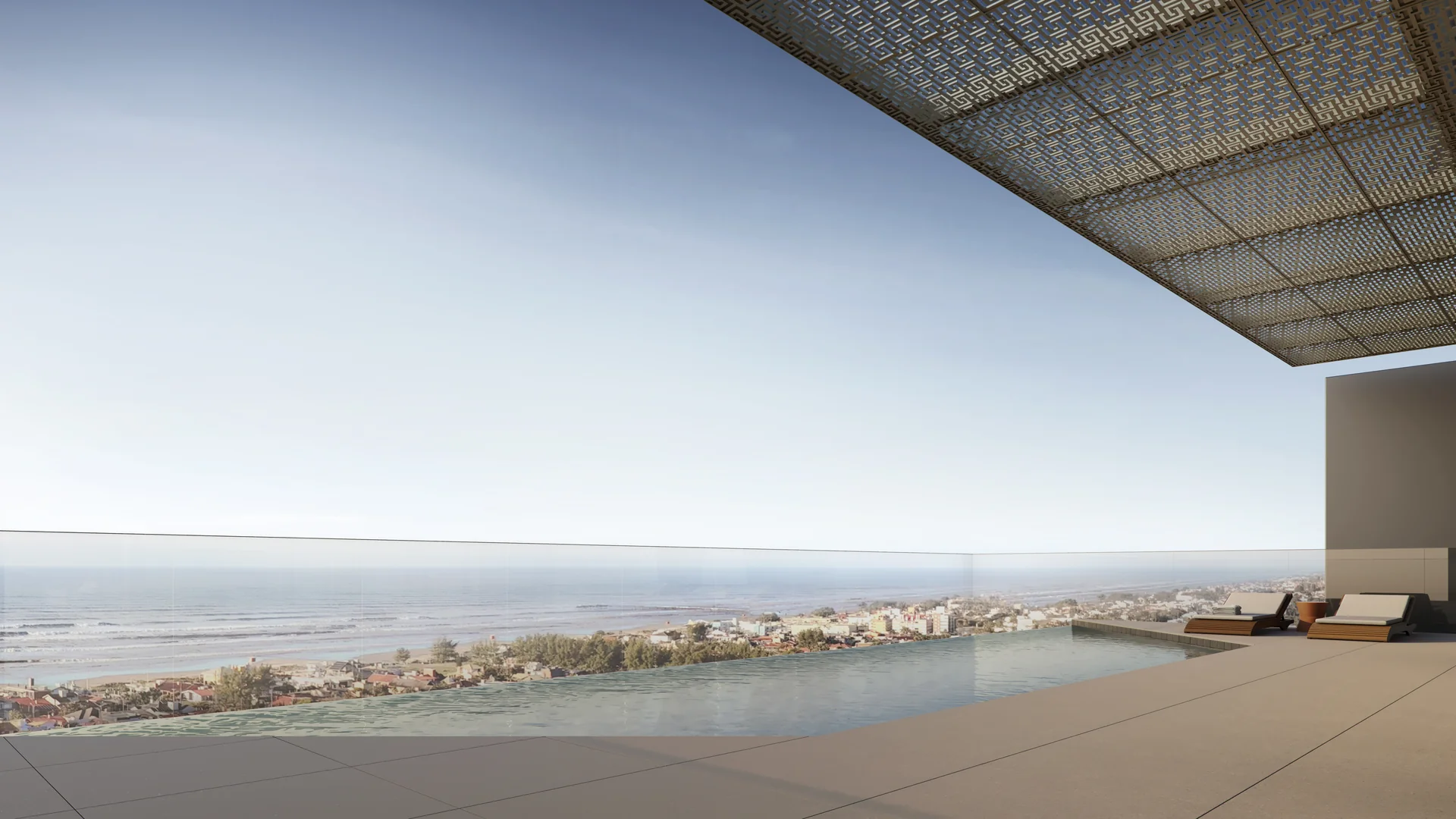 Piscina adulto aquecida do Doha Exclusive Living com a borda voltada para o horizonte do mar