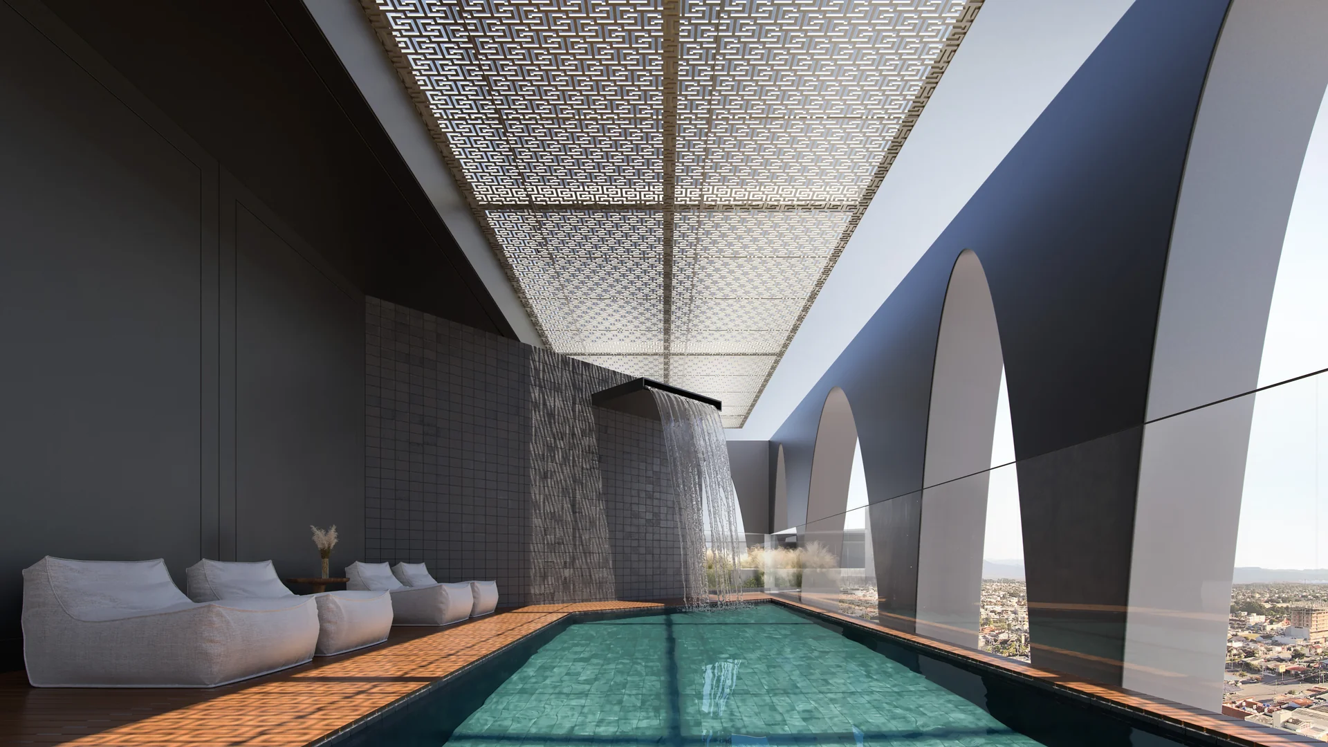 Piscina infantil aquecida do Doha Exclusive Living, com deck e cascata sob o pergolado geométrico