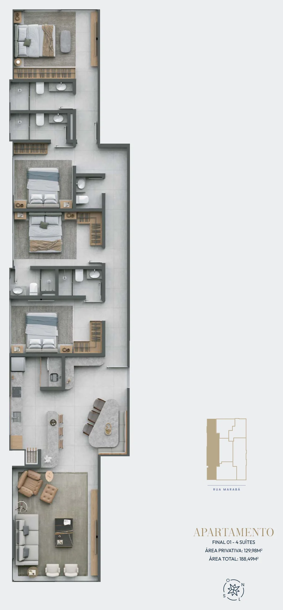 Planta do apartamento final 01 do 6º ao 11º pavimento do Doha Exclusive Living, 4 suítes, 129,98 m² privativos