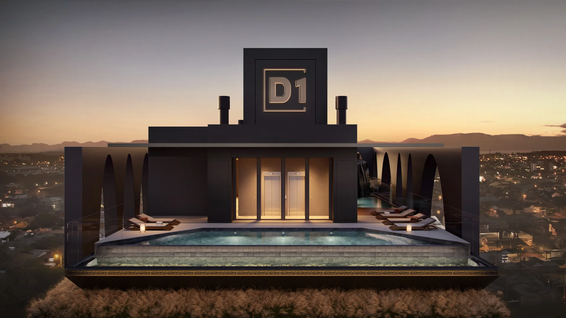 Rooftop Club do Doha Exclusive Living ao anoitecer, com piscina aquecida e letreiro D1