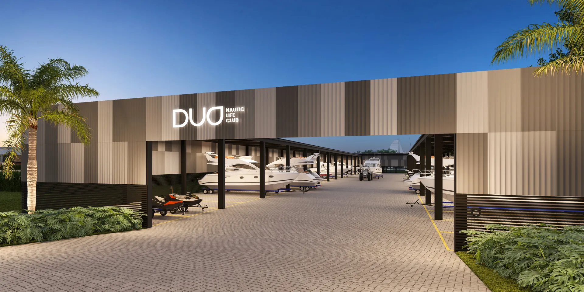 Garagem náutica casa de barco do DUO Nautic Life Club com fachada da marca e embarcações