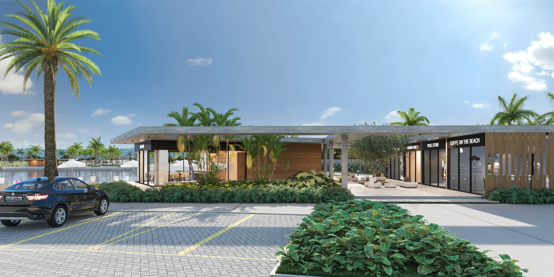 Clube de orla do DUO Nautic Life Club com deck sobre a água e prainha de areia branca