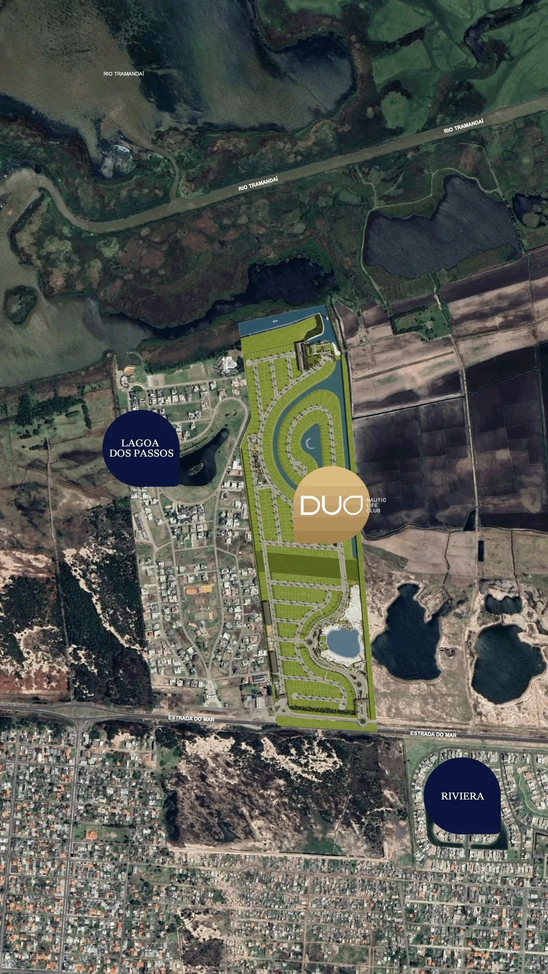Mapa de localização do DUO entre a Lagoa dos Passos e o bairro Riviera, com acesso pela Estrada do Mar