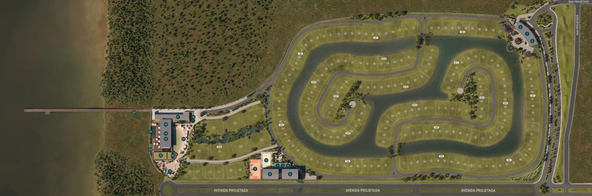 Mapa de implantação do Enseada da Lagoa na beira da Lagoa dos Quadros em Atlântida