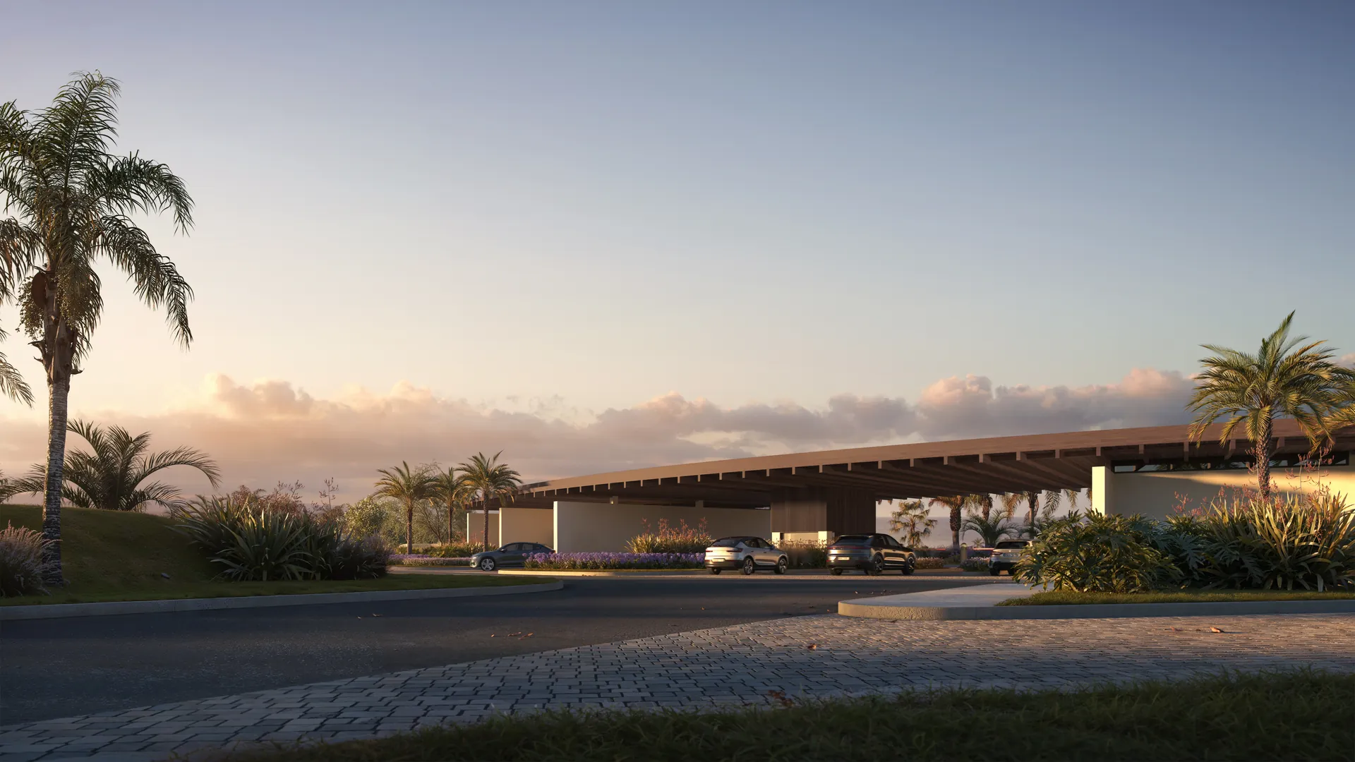 Pórtico de acesso do Enseada da Lagoa com marquise curva em madeira ao entardecer