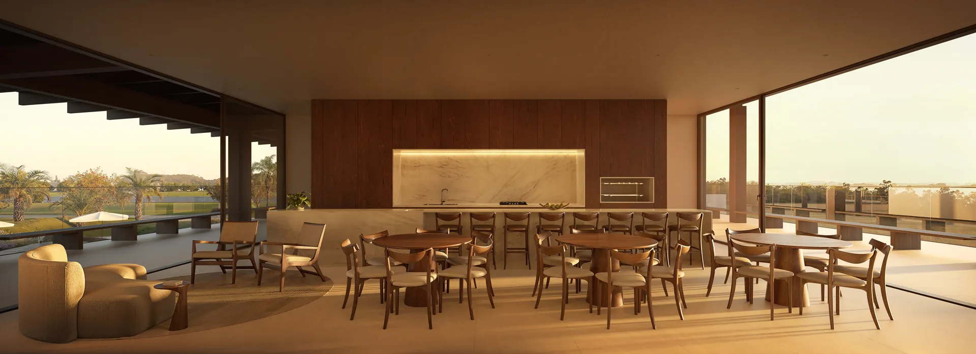 Restaurante e espaço gastronômico envidraçado da casa clube