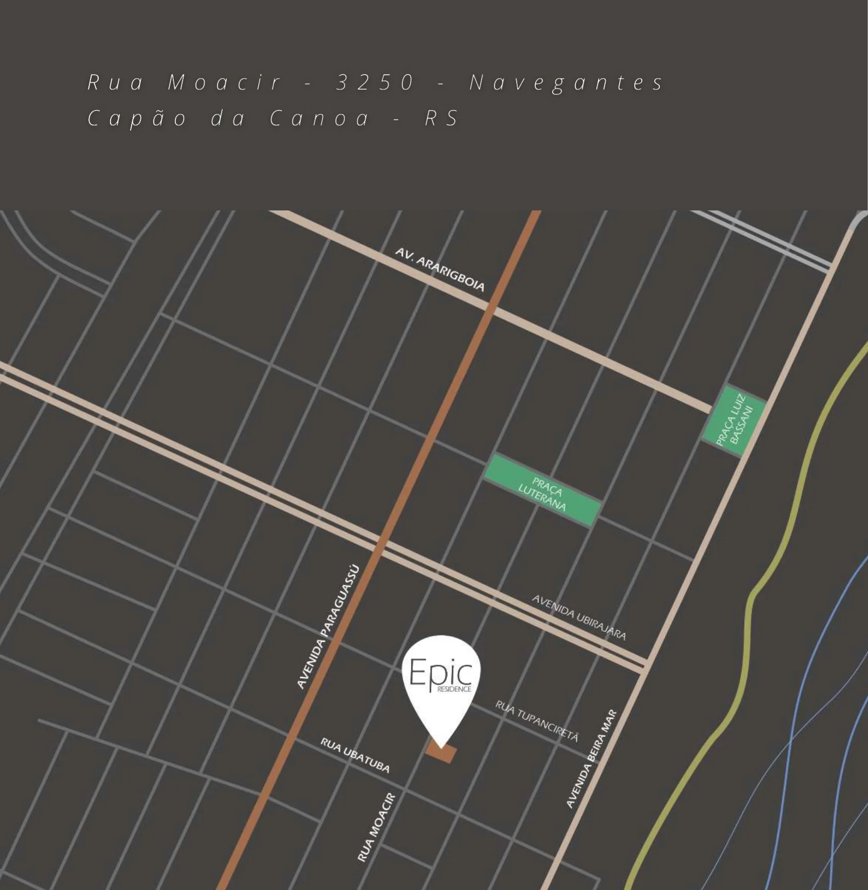 Mapa do entorno do Epic Residence no bairro Navegantes, com a Avenida Beira Mar, a Avenida Paraguassú e as praças próximas em Capão da Canoa
