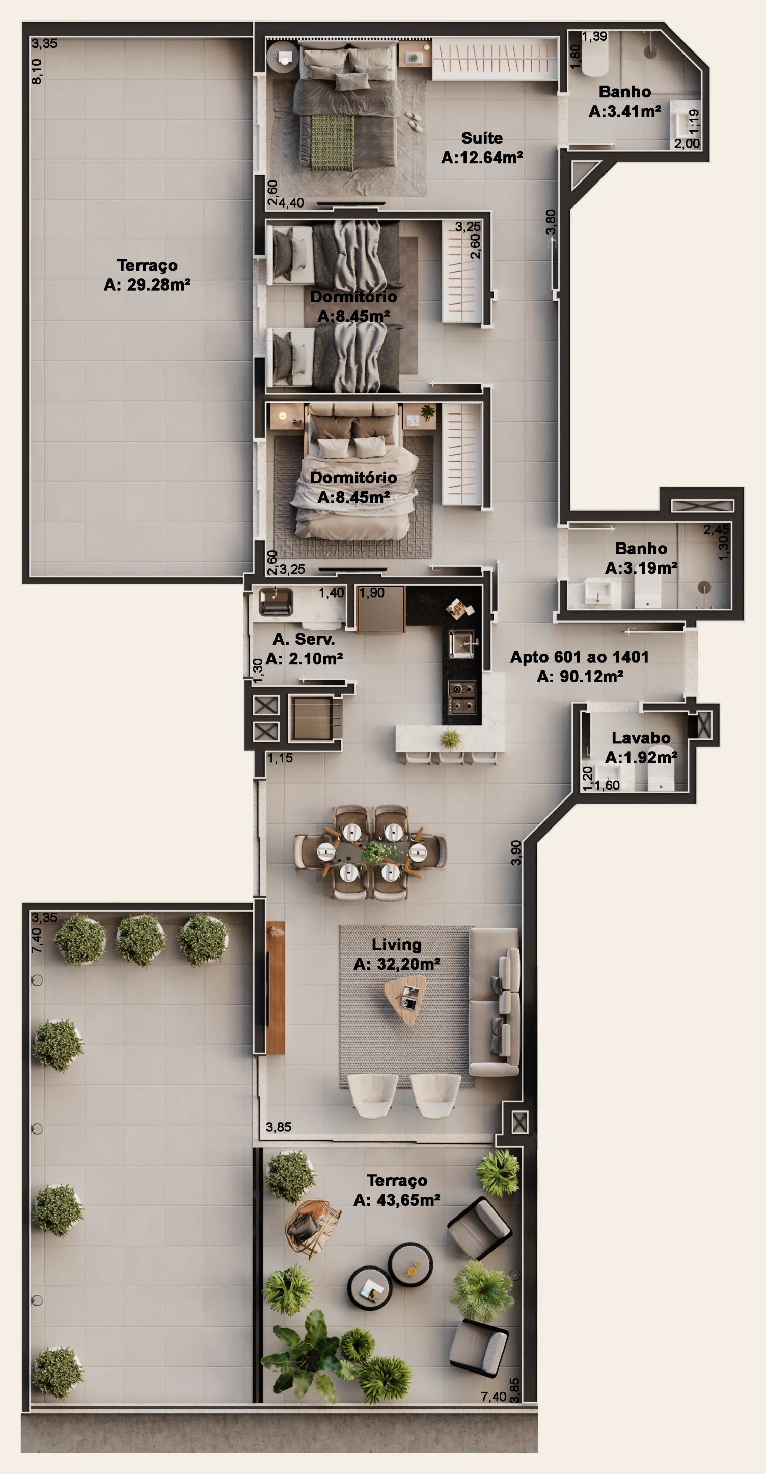 Planta do apartamento Final 01 do Epic Residence, com 1 suíte, 2 dormitórios e dois terraços, área privativa de 90 m²