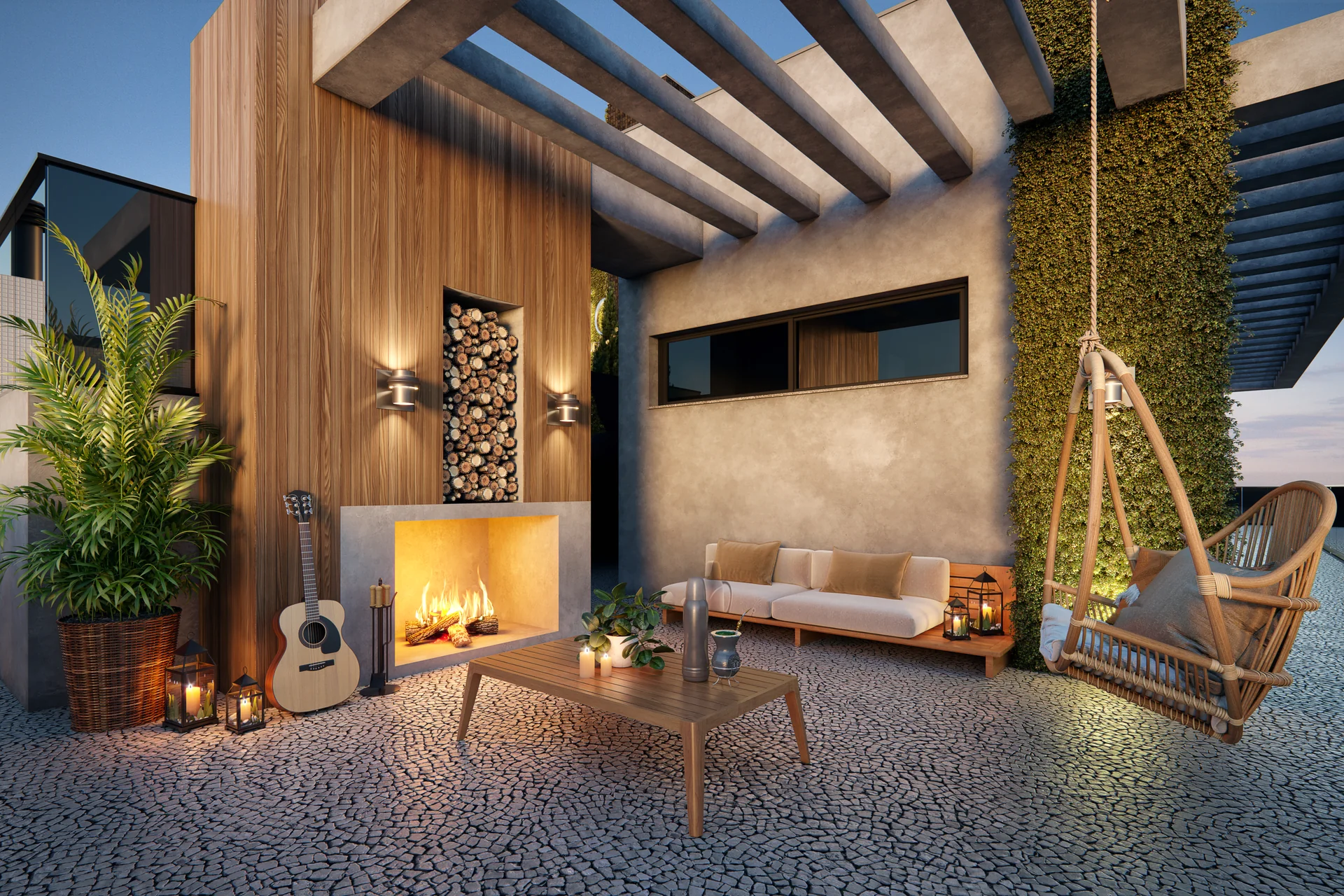 Rooftop do Epic Residence com lounge, lareira e rede suspensa ao entardecer