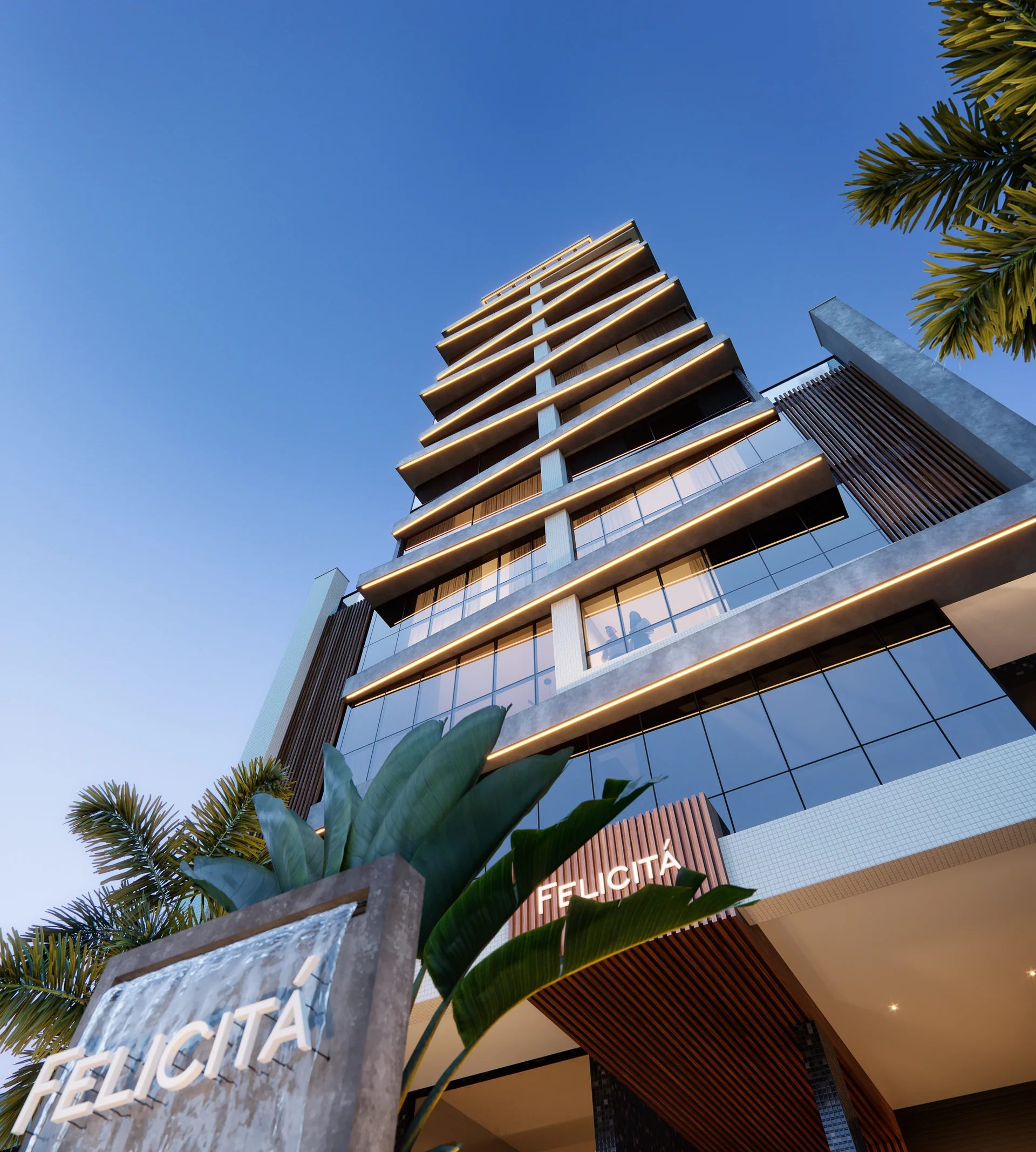 Fachada do Felicitá Residence vista de baixo para cima, torre com brises de madeira e coroamento no topo, em Capão da Canoa