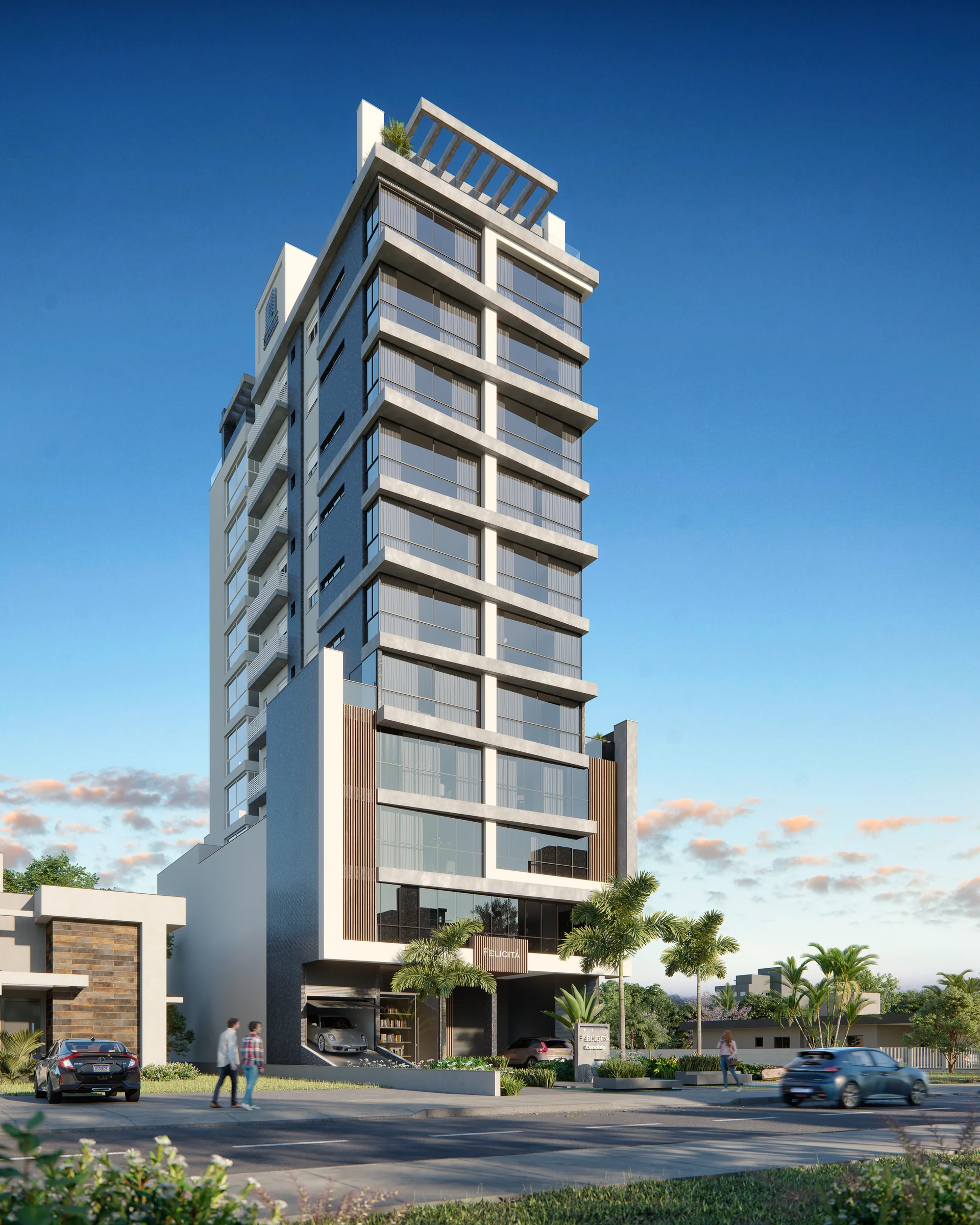 Fachada do Felicitá Residence de dia, torre com ripado de madeira e pilotis, Capão da Canoa