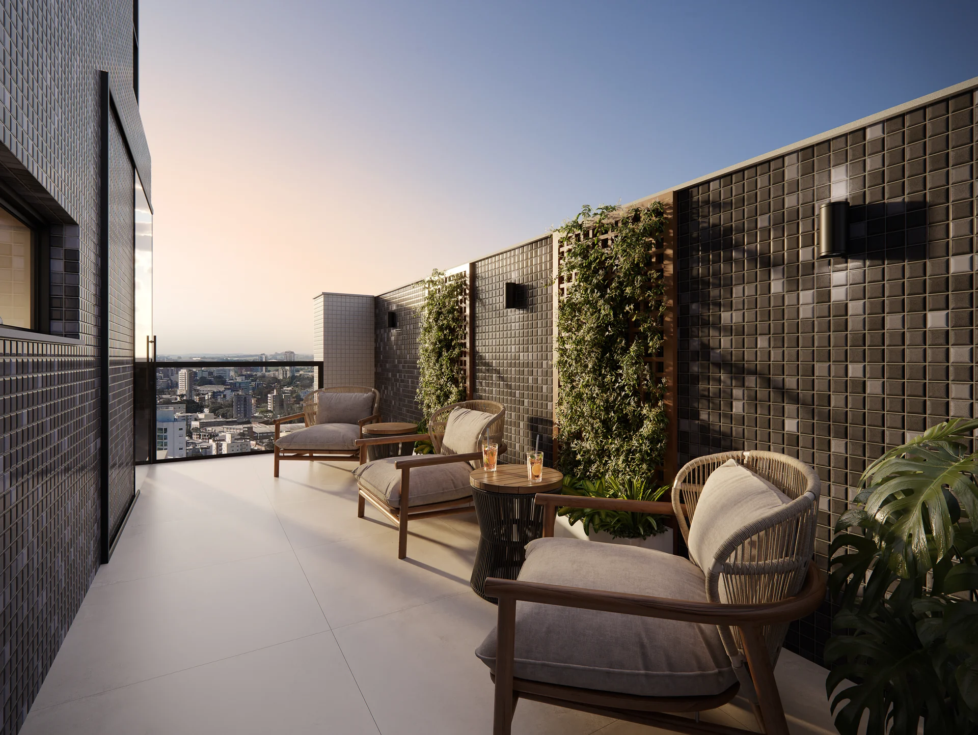 Terraço privativo de uma suíte do Felicitá Residence, ambiente ilustrativo com mobília e vista aberta, em Capão da Canoa
