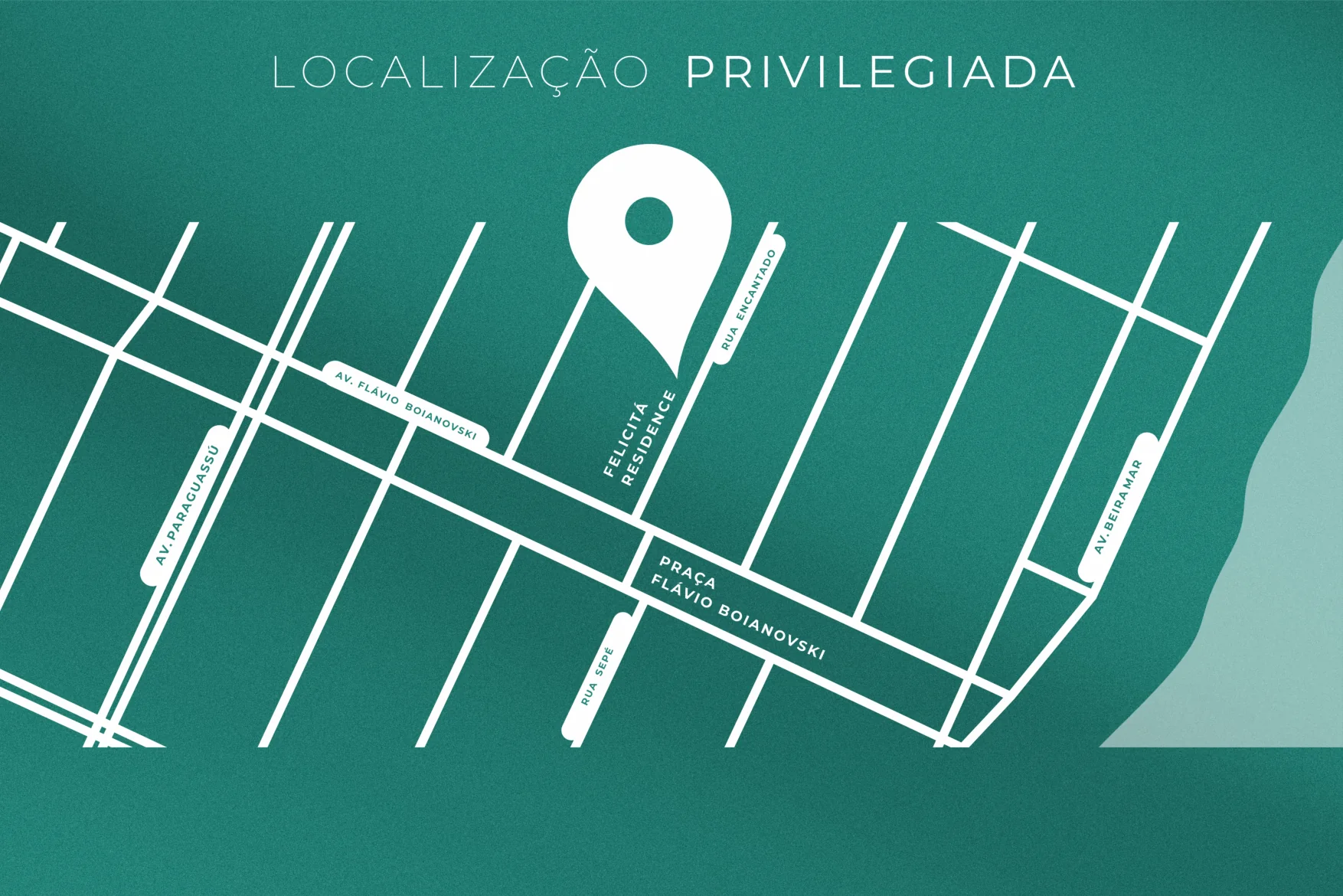 Mapa esquemático oficial de localização do Felicitá Residence na Rua 04, esquina com a Rua Encantado, perto da orla de Capão da Canoa